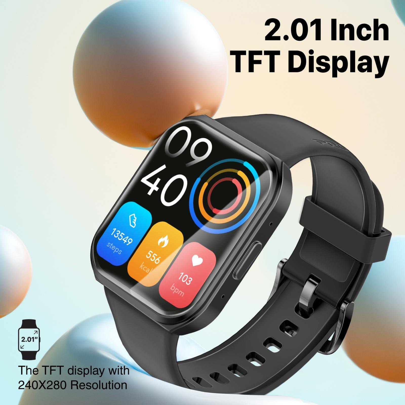 Smartwatch nero con display che mostra le statistiche: passi, kcal, bpm. Sfondo bianco.