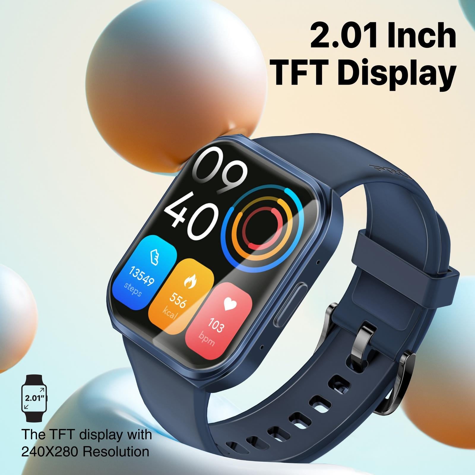 Uno smartwatch con cinturino blu che mostra passi, calorie e frequenza cardiaca su un display TFT.