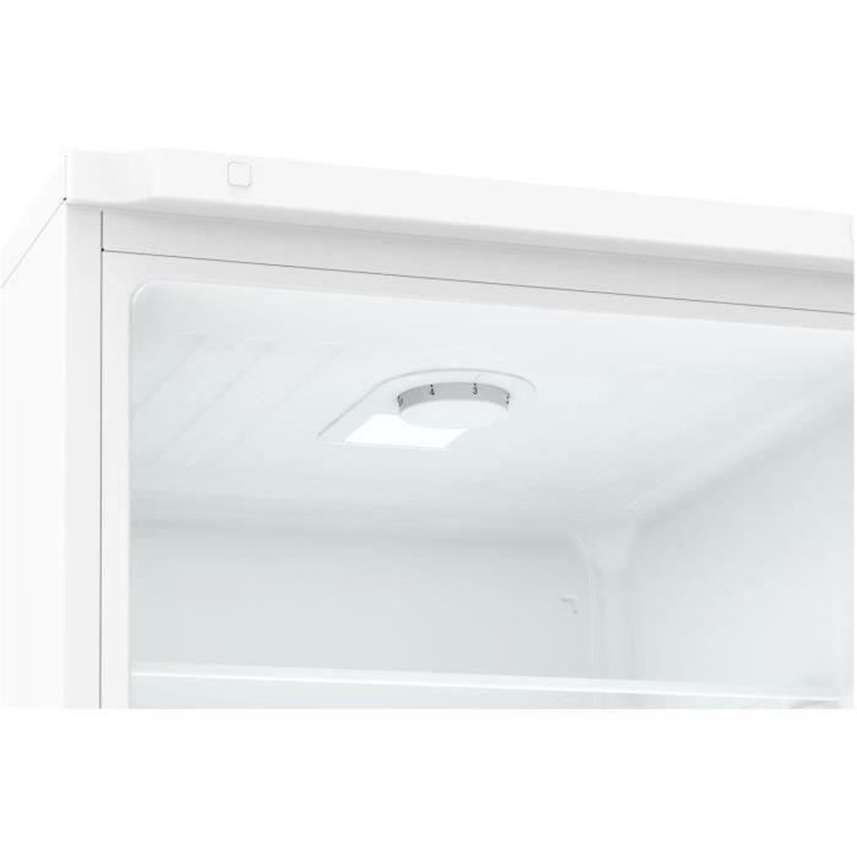 Interno frigorifero bianco con un'apparecchiatura luminosa sul soffitto.