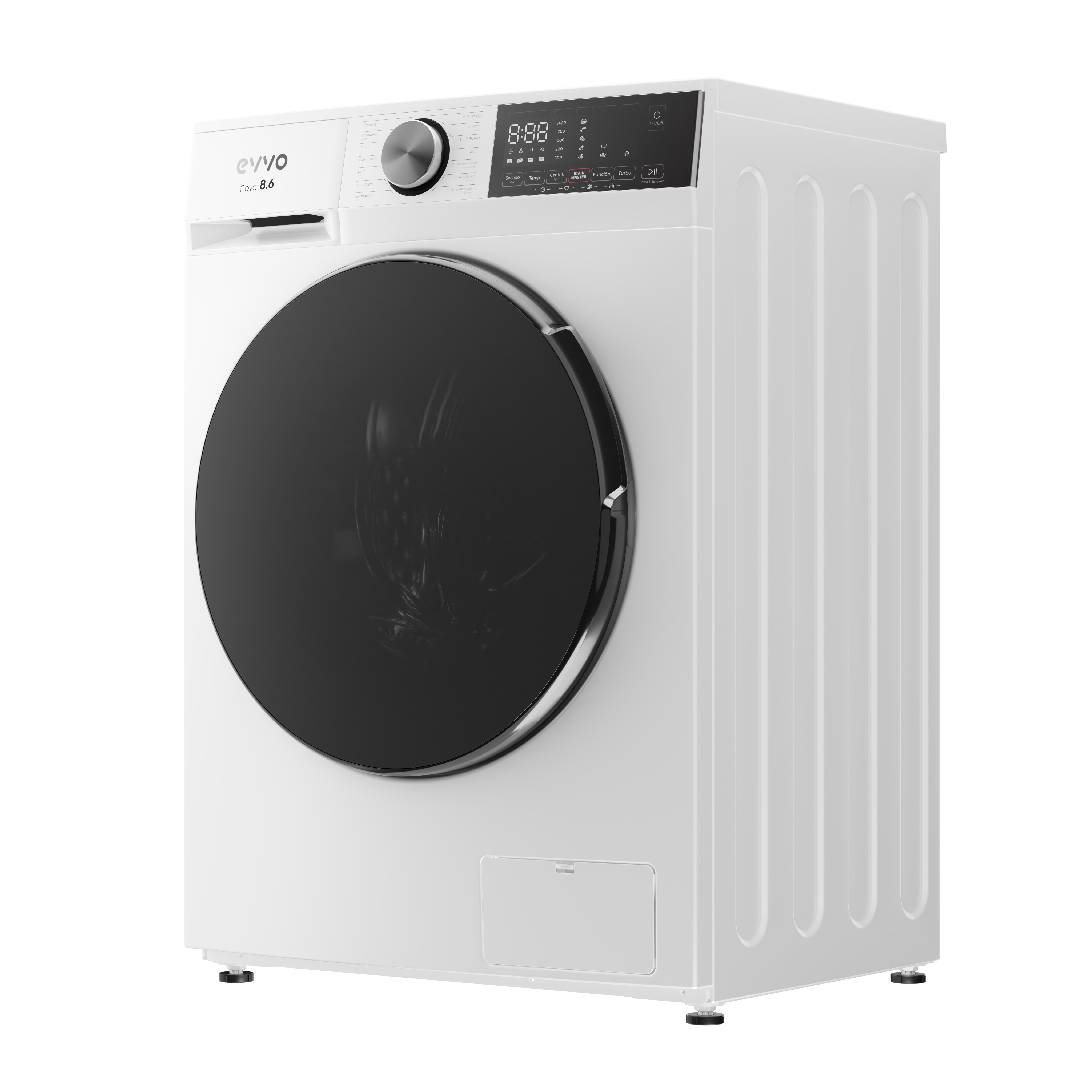 Lavadora blanca con puerta negra y pantalla digital.