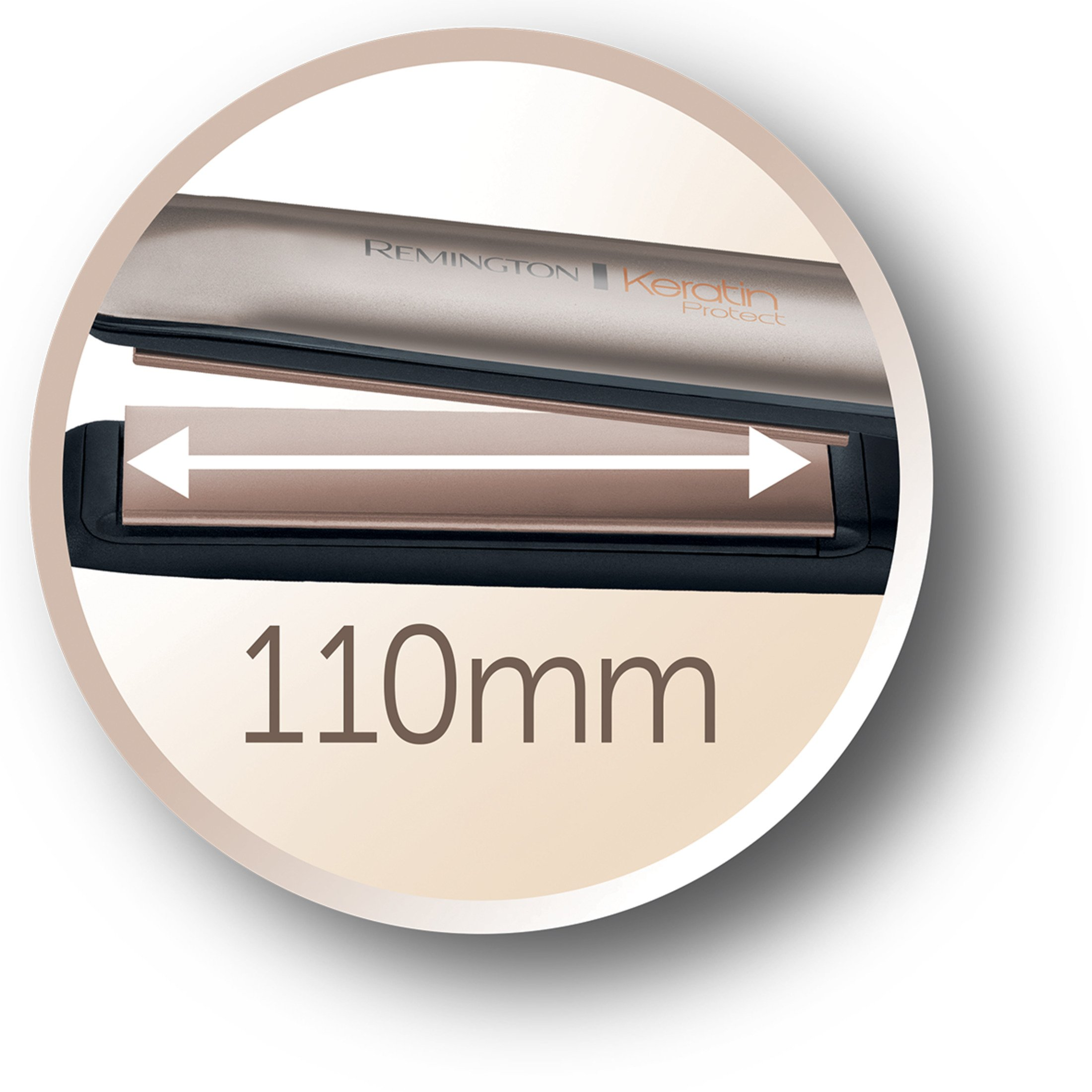 Zbliżenie prostownicy z napisem „Remington Keratin Protect” i „110mm” na okręgu.
