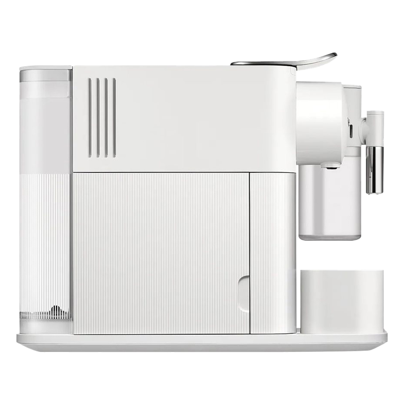 Cafetera blanca con depósito de agua y soporte para tazas.