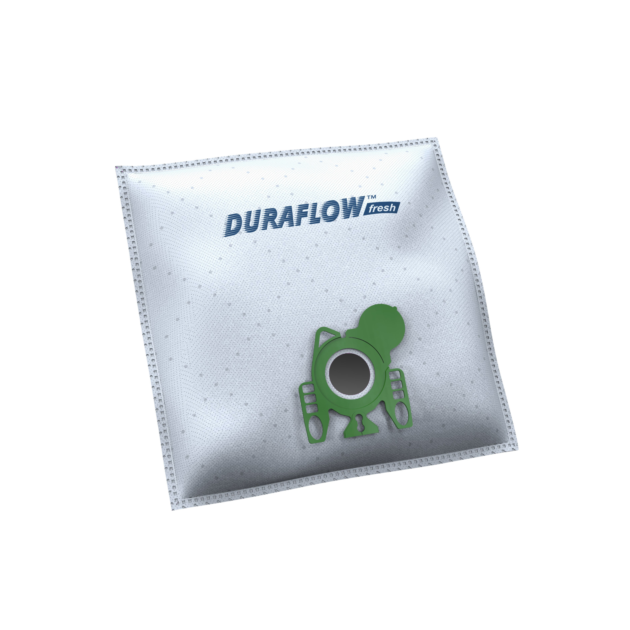 Ein weißer Staubsaugerbeutel mit grünem Kunststoffaufsatz und dem DURAFLOW fresh Logo.