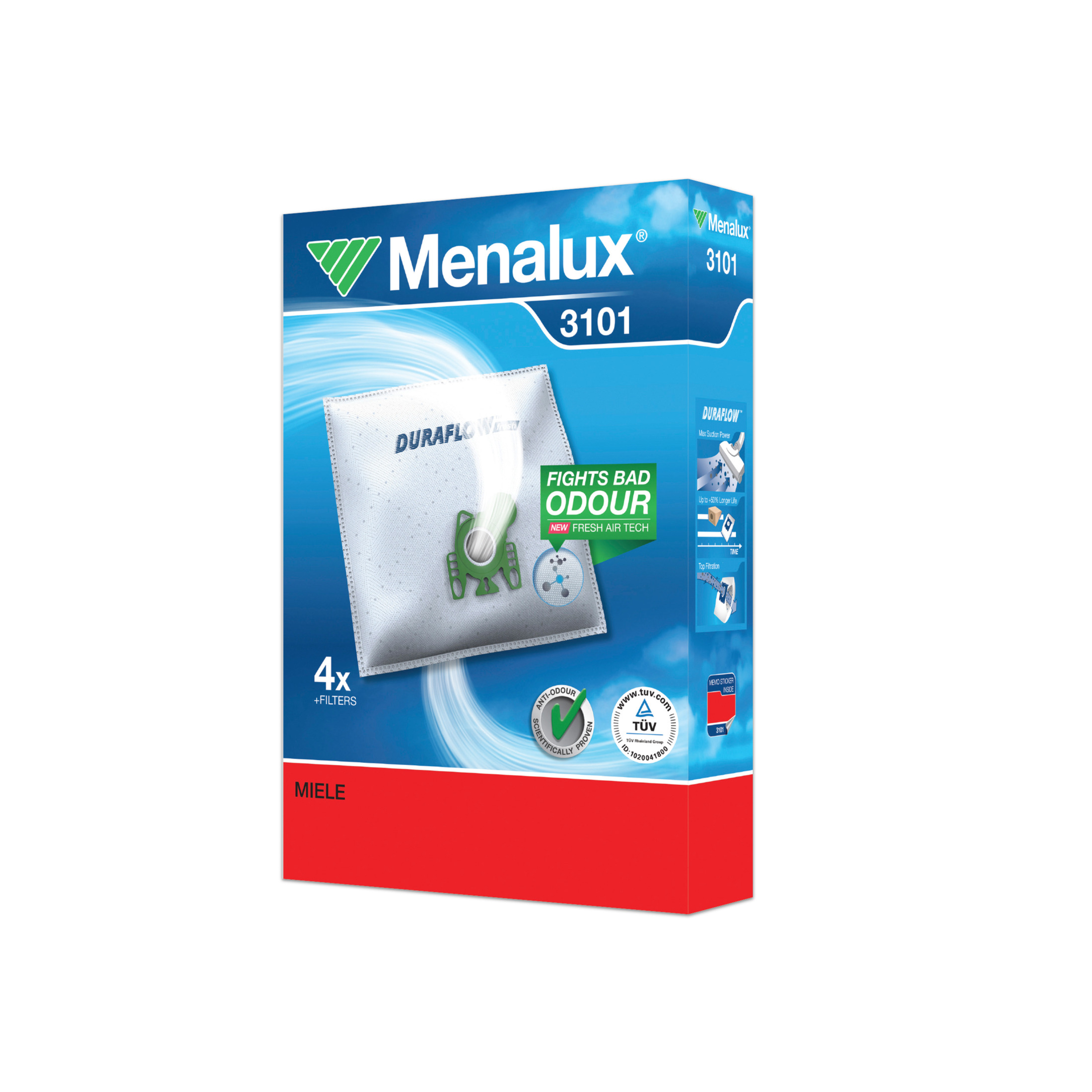 Eine Schachtel mit Menalux 3101 Staubsaugerbeuteln. Die Box ist rot und blau mit Text und Markennamen.