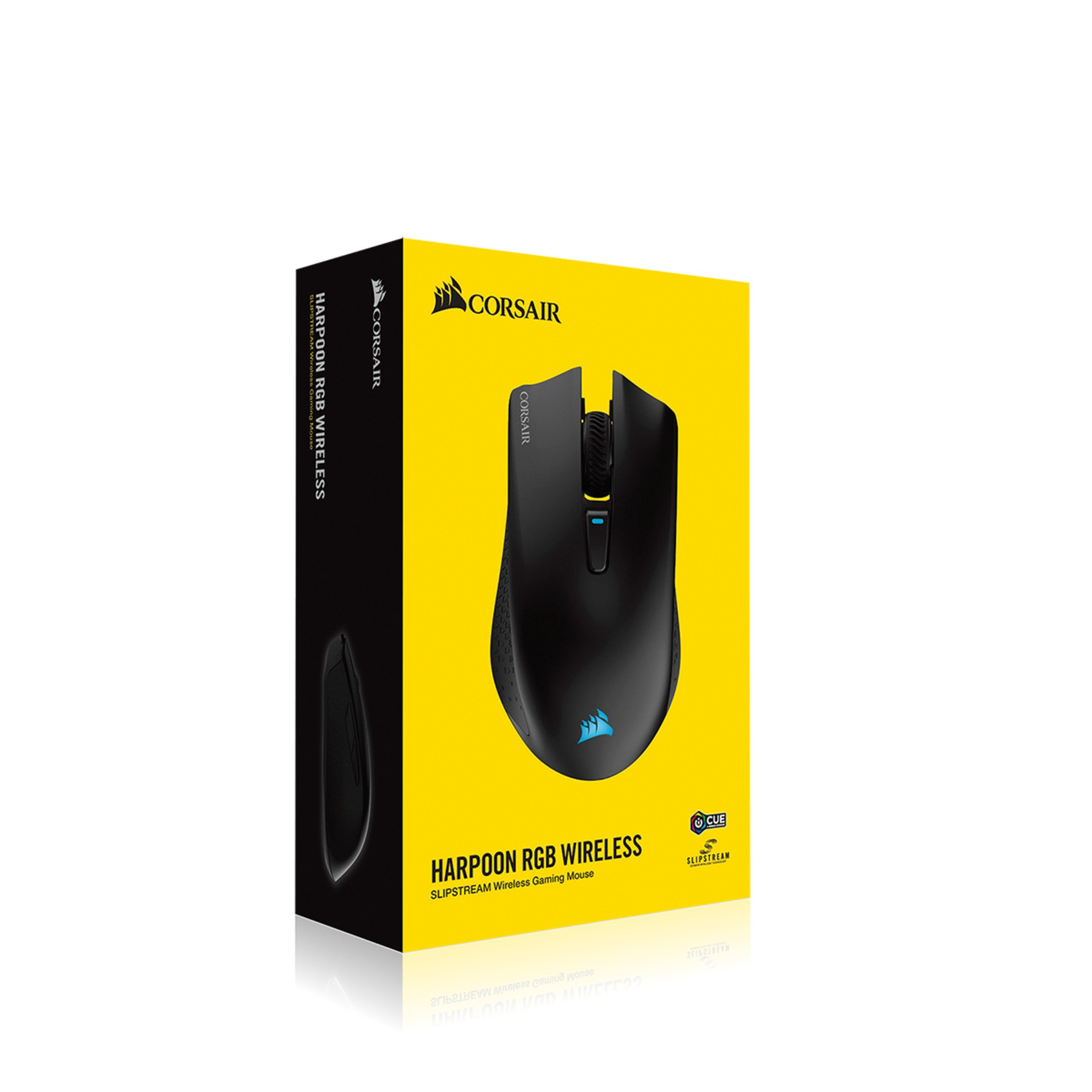 Un ratón gaming inalámbrico Corsair Harpoon RGB y su caja amarilla y negra.