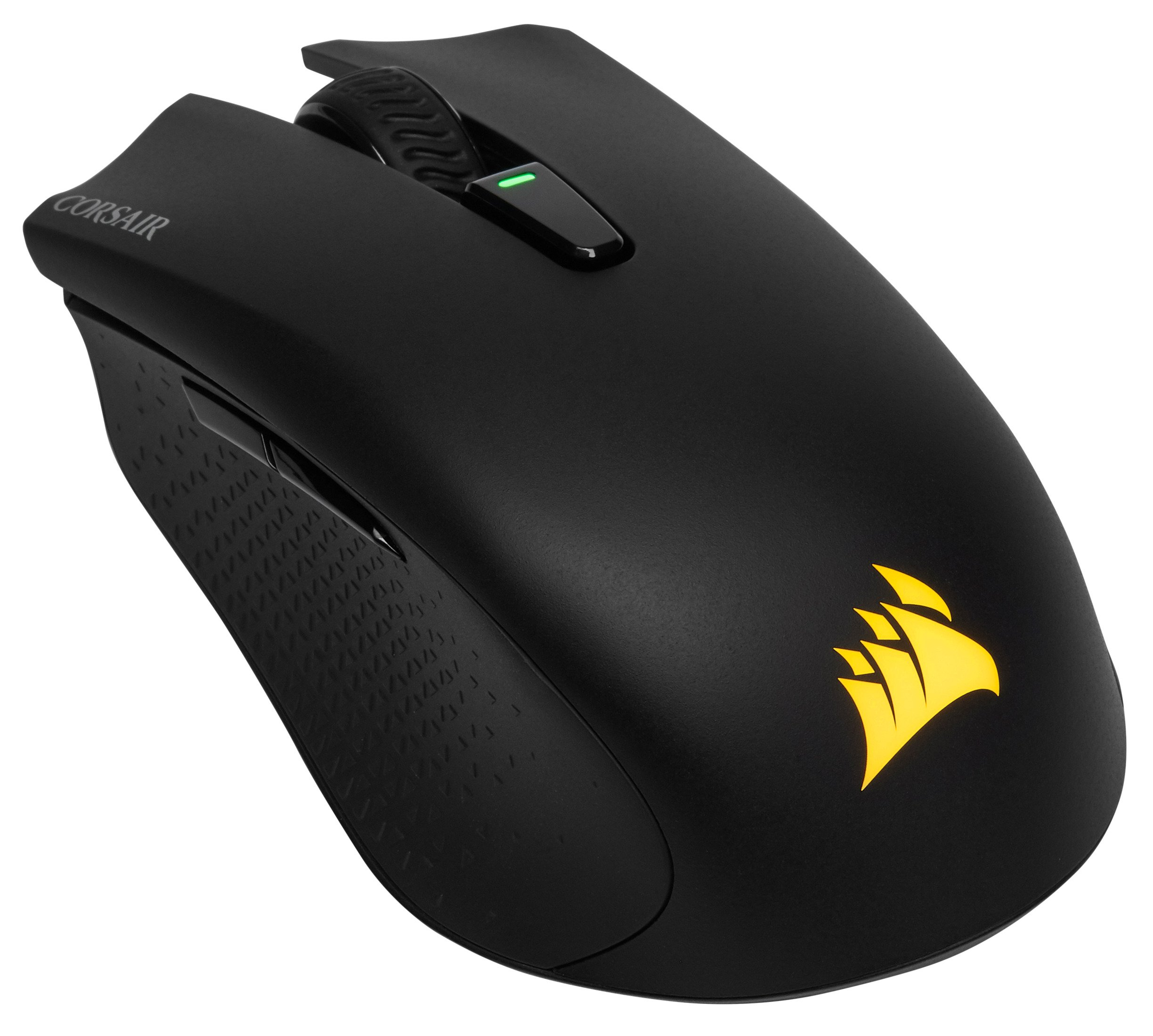 Ratón gaming inalámbrico negro con logo amarillo y rueda.