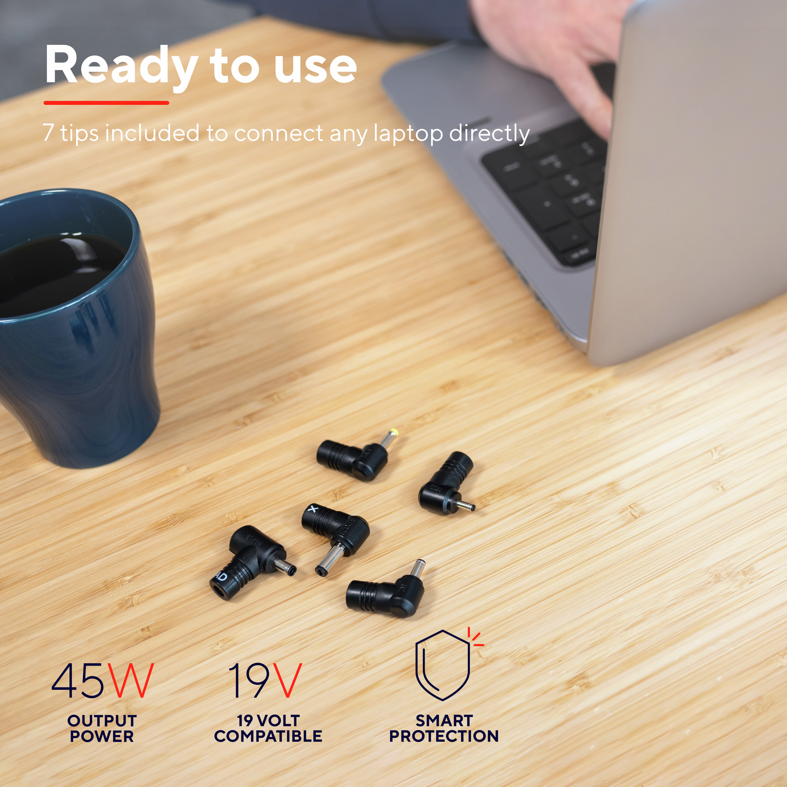 Ordinateur portable avec 7 embouts adaptateurs, sortie 45W, compatible 19V et icônes de protection intelligente.