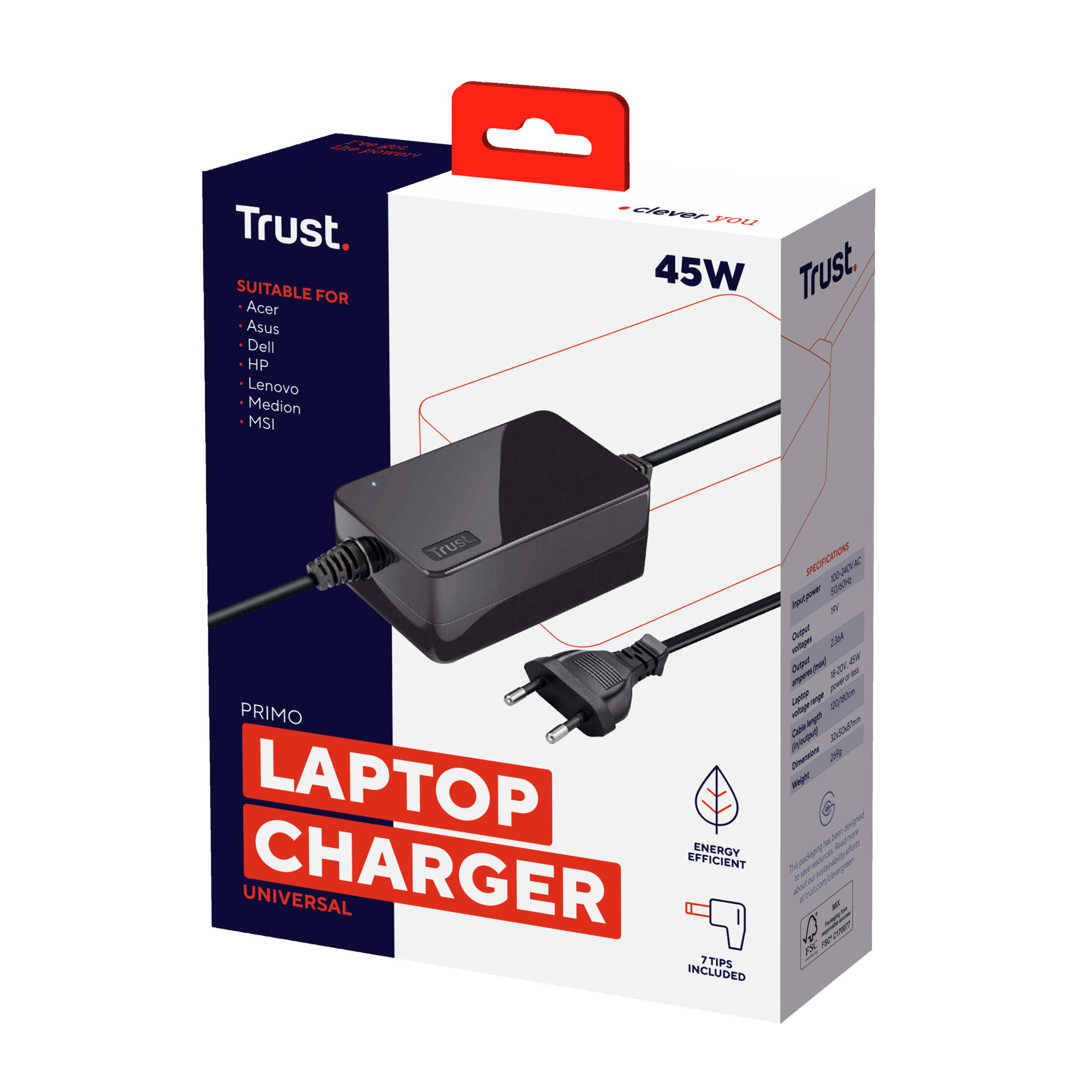 Boîte de chargeur d'ordinateur portable avec 45W, chargeur noir et prise. Comprend la marque Trust.