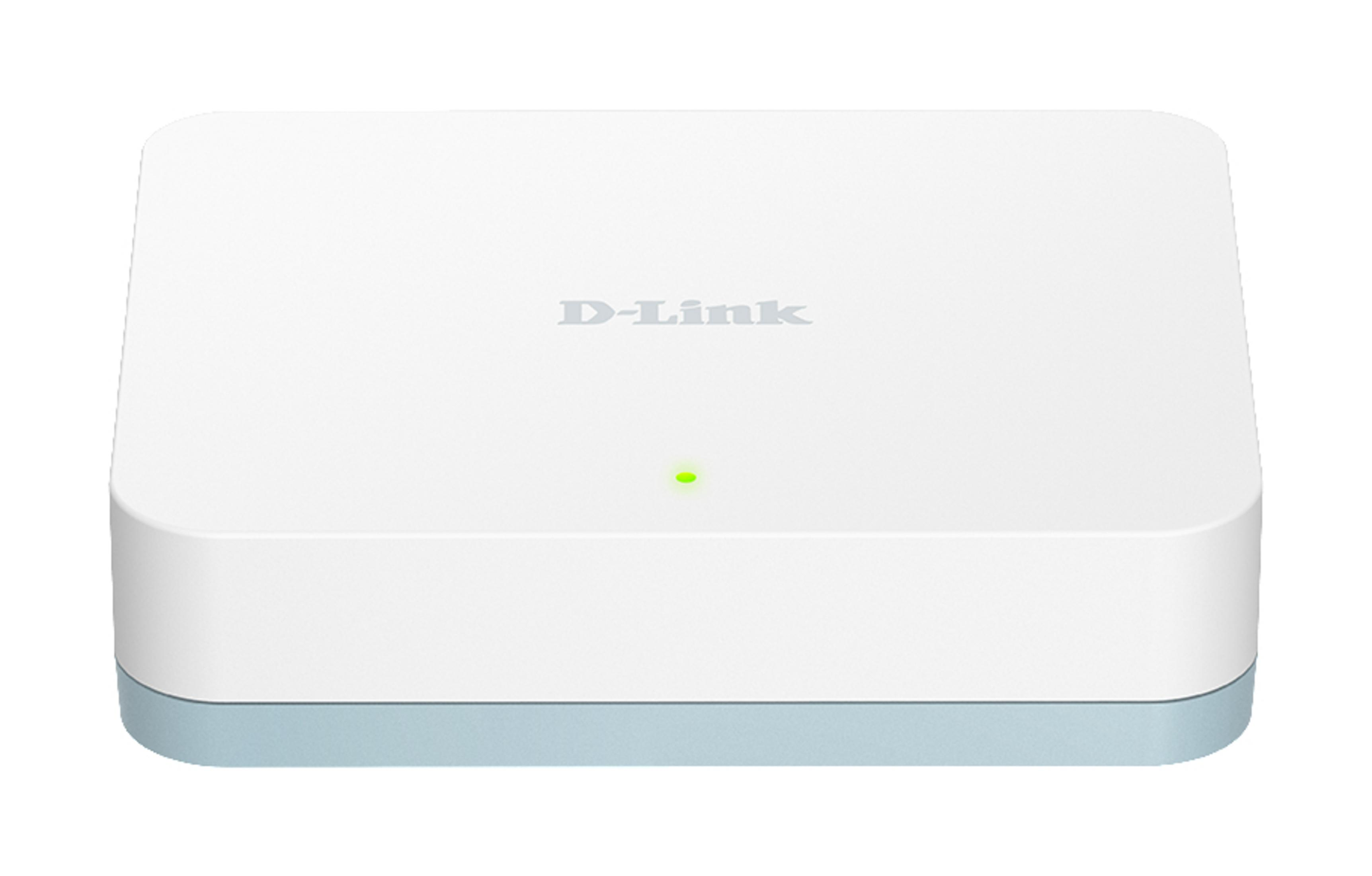 Witte D-Link router met groen licht. De basis is lichtblauw.