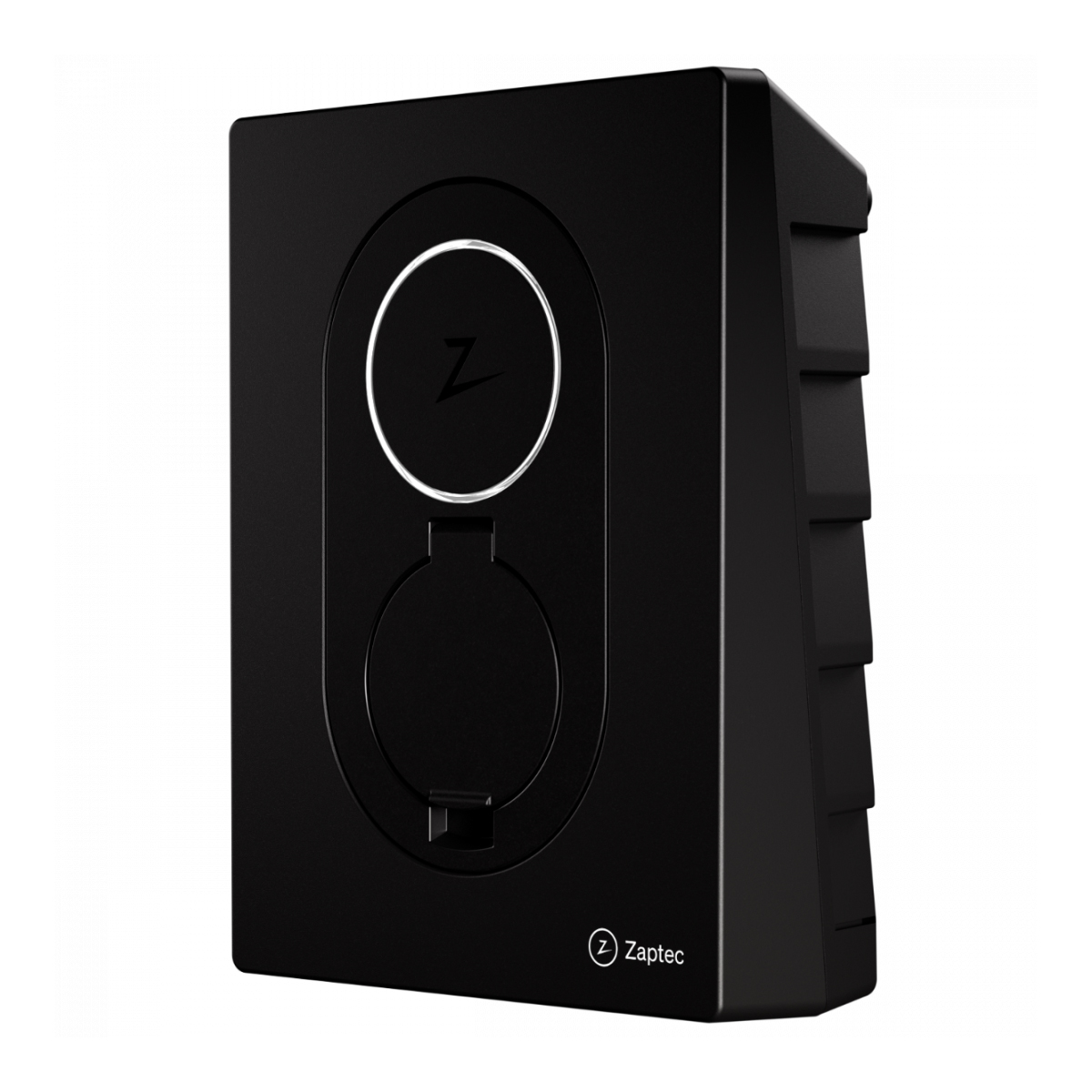 Black electric vehicle charger with a circular opening and Z logo.