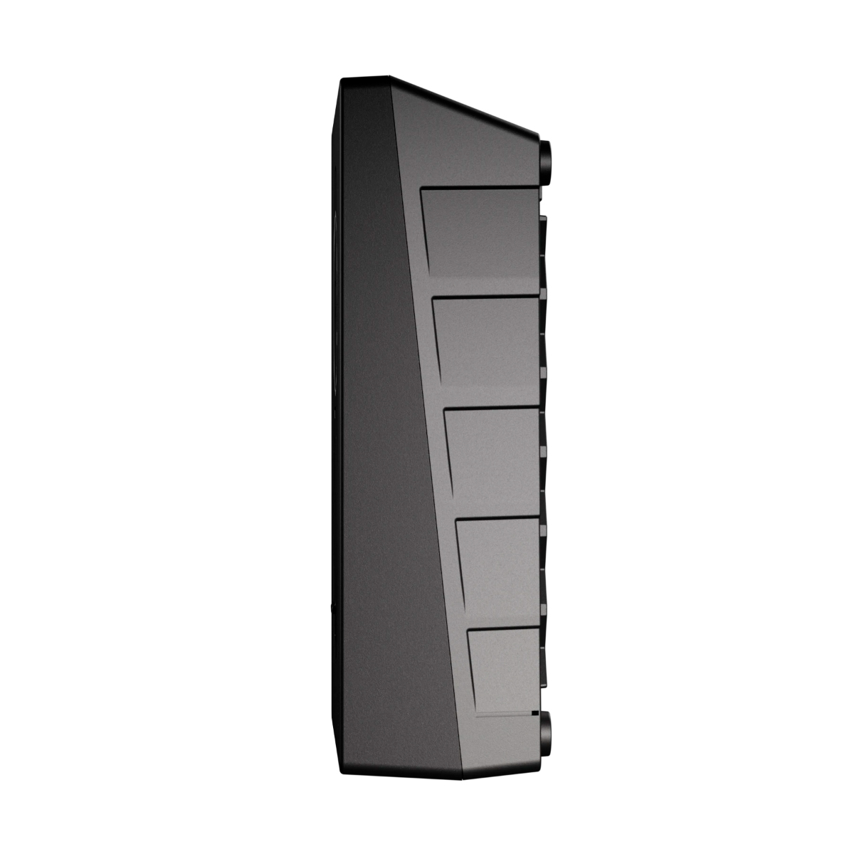Black speaker with a side view. It has a mesh and several ridges.