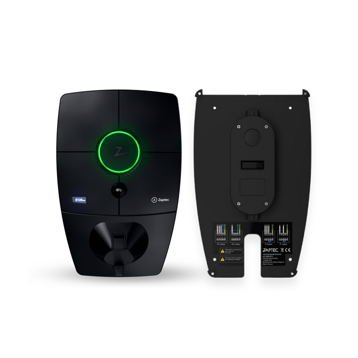 Zwart oplaadstation voor elektrische voertuigen met voor- en achterpaneel.