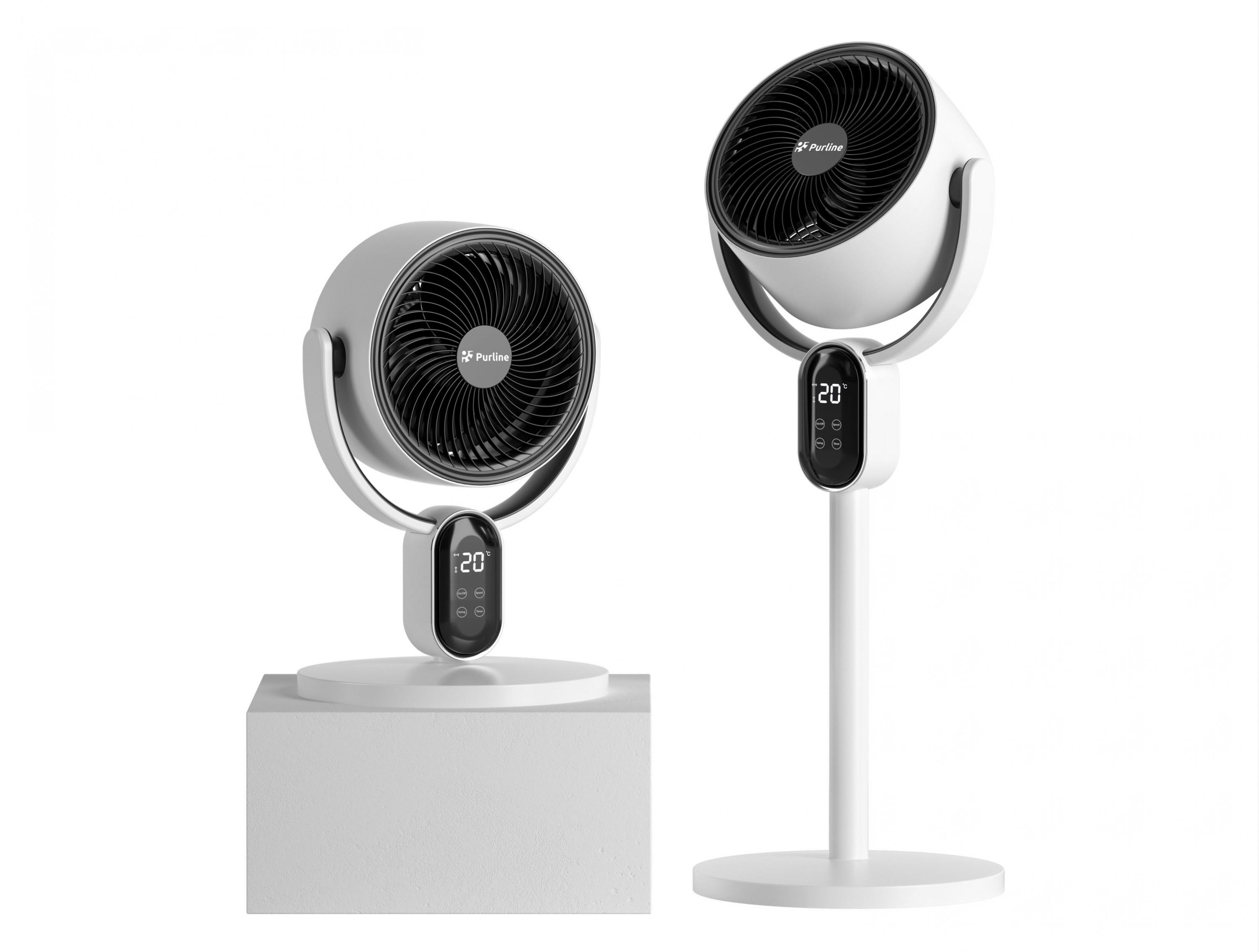 Ventiladores blancos. Uno sobre un soporte, otro sobre un cubo. Pantalla digital en el soporte que muestra la temperatura.