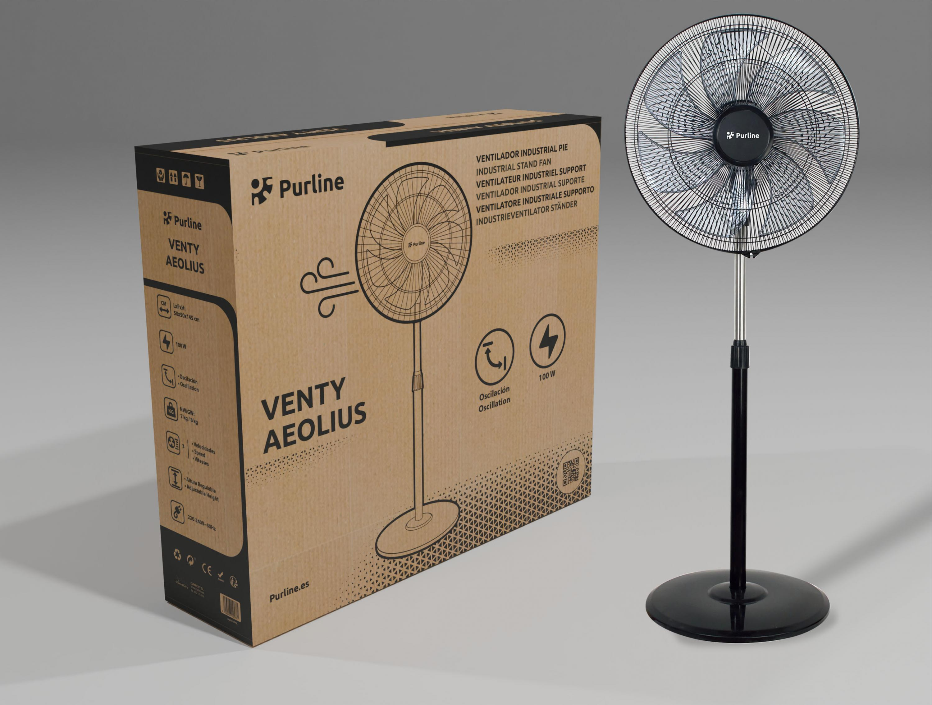 Ventilatore a colonna con scatola. Il ventilatore ha una base nera e una griglia argentata.