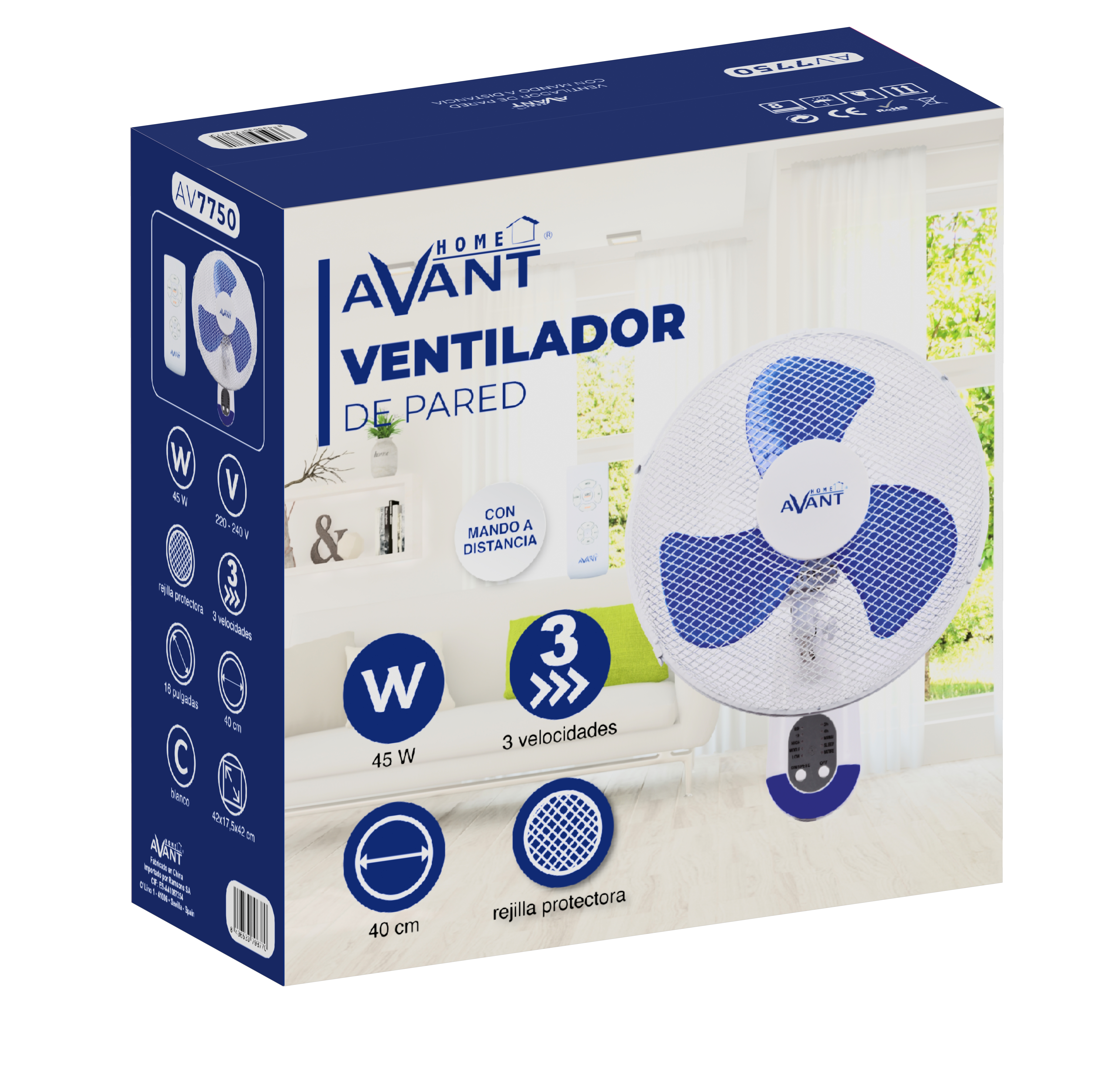Un ventilatore a parete in scatola con ventola bianca e pale blu. Include telecomando e info.