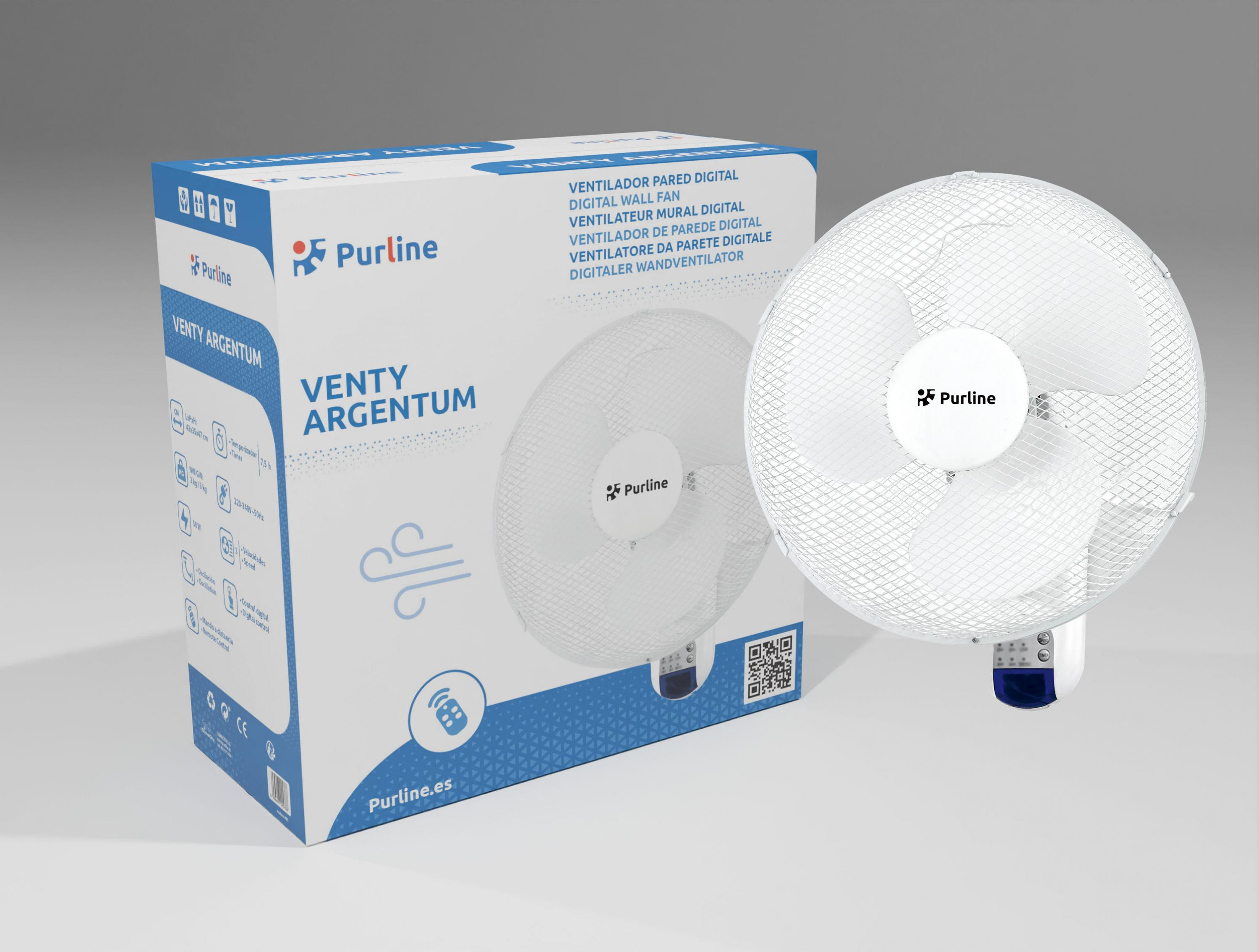 Un ventilador de pared y su caja. El ventilador es blanco con una jaula redonda. La caja es azul y blanca con texto.