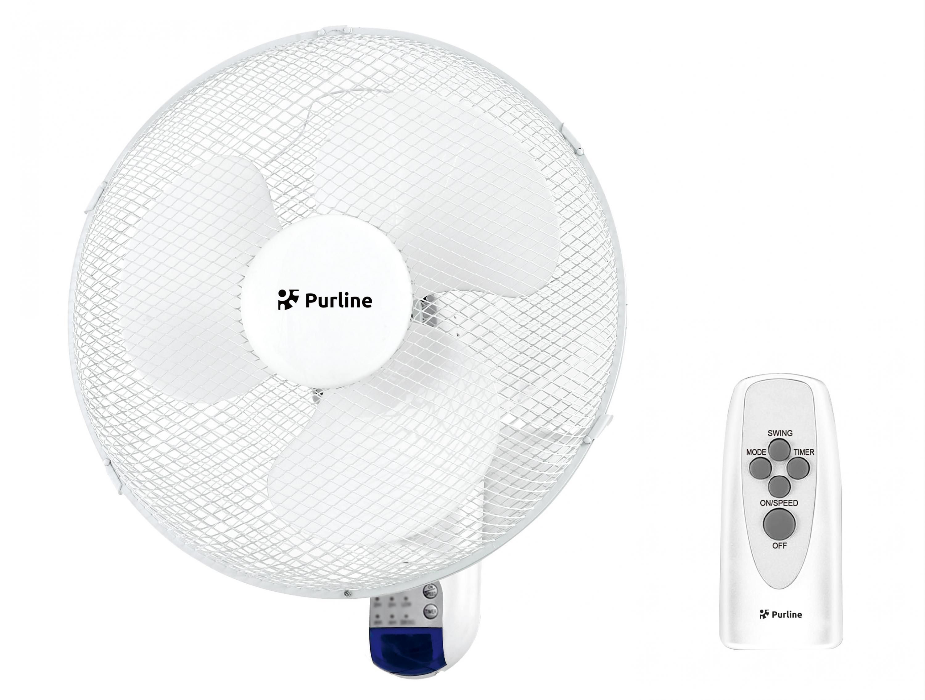 Un ventilador Purline blanco con mando a distancia, sobre fondo blanco.