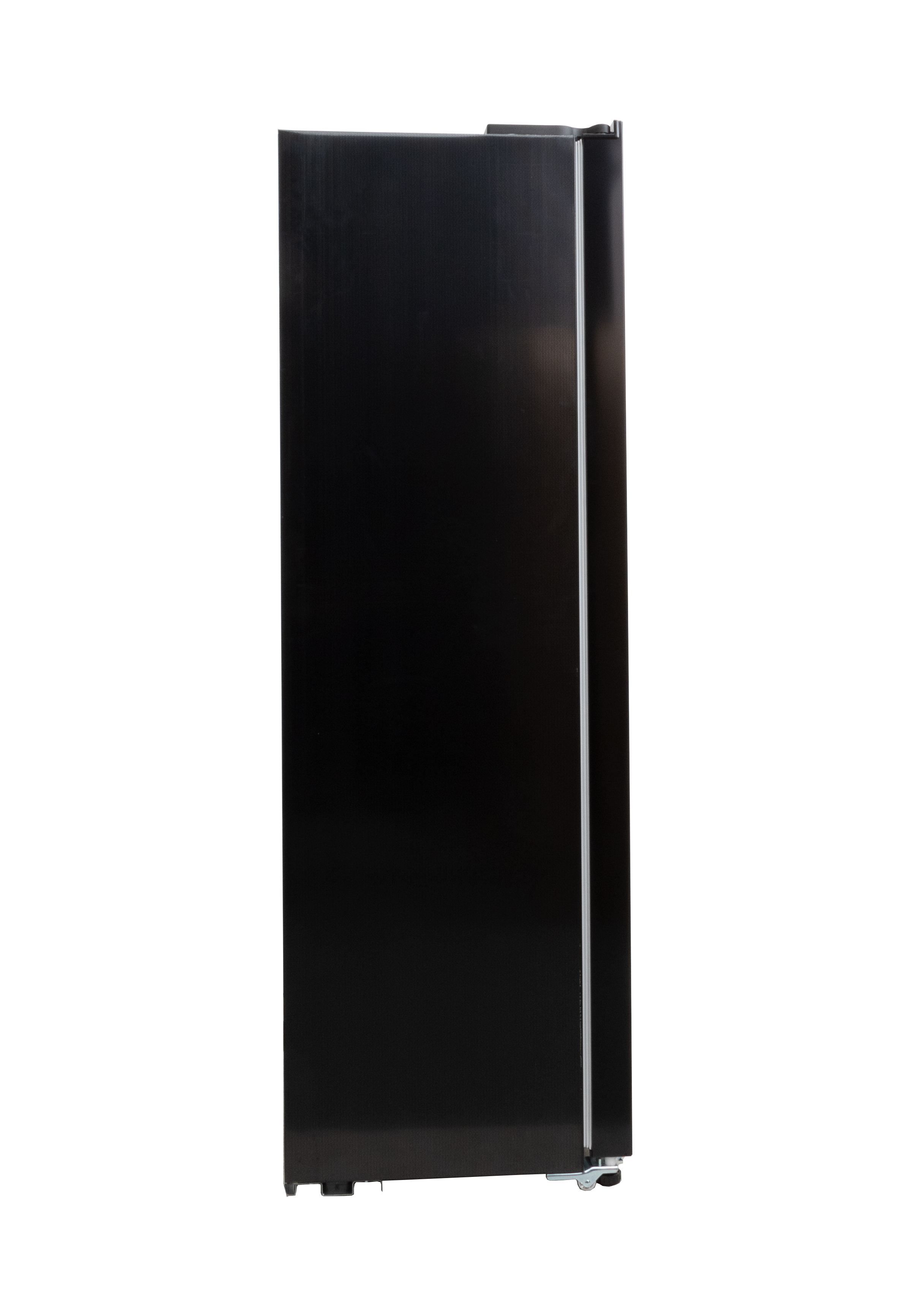 Black fridge door. A tall, black rectangle with a white trim.