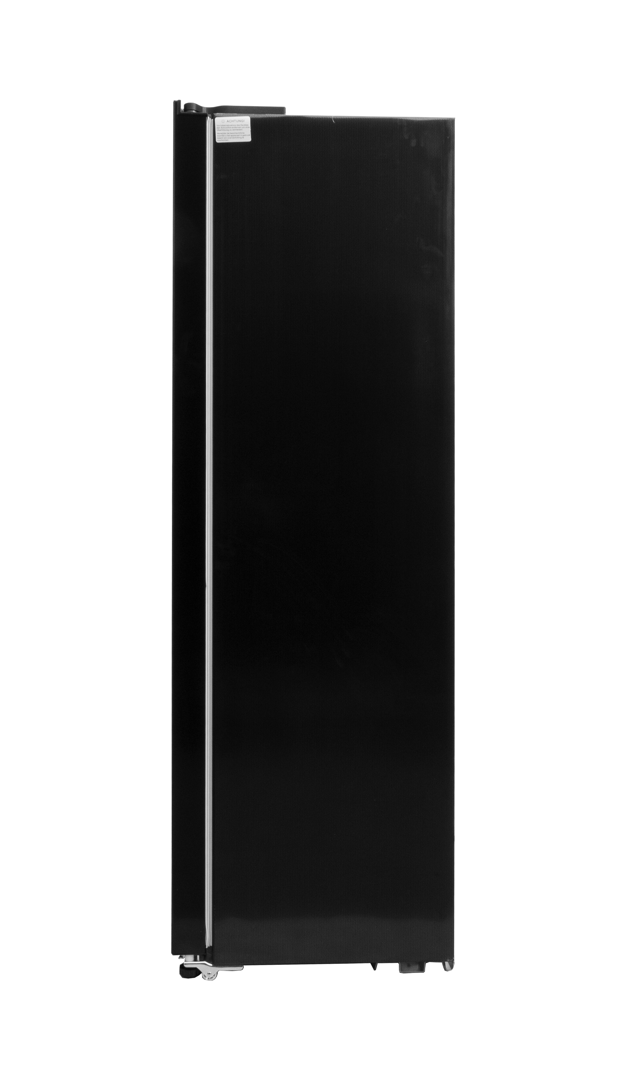 Black refrigerator with the door closed, standing against a white background.