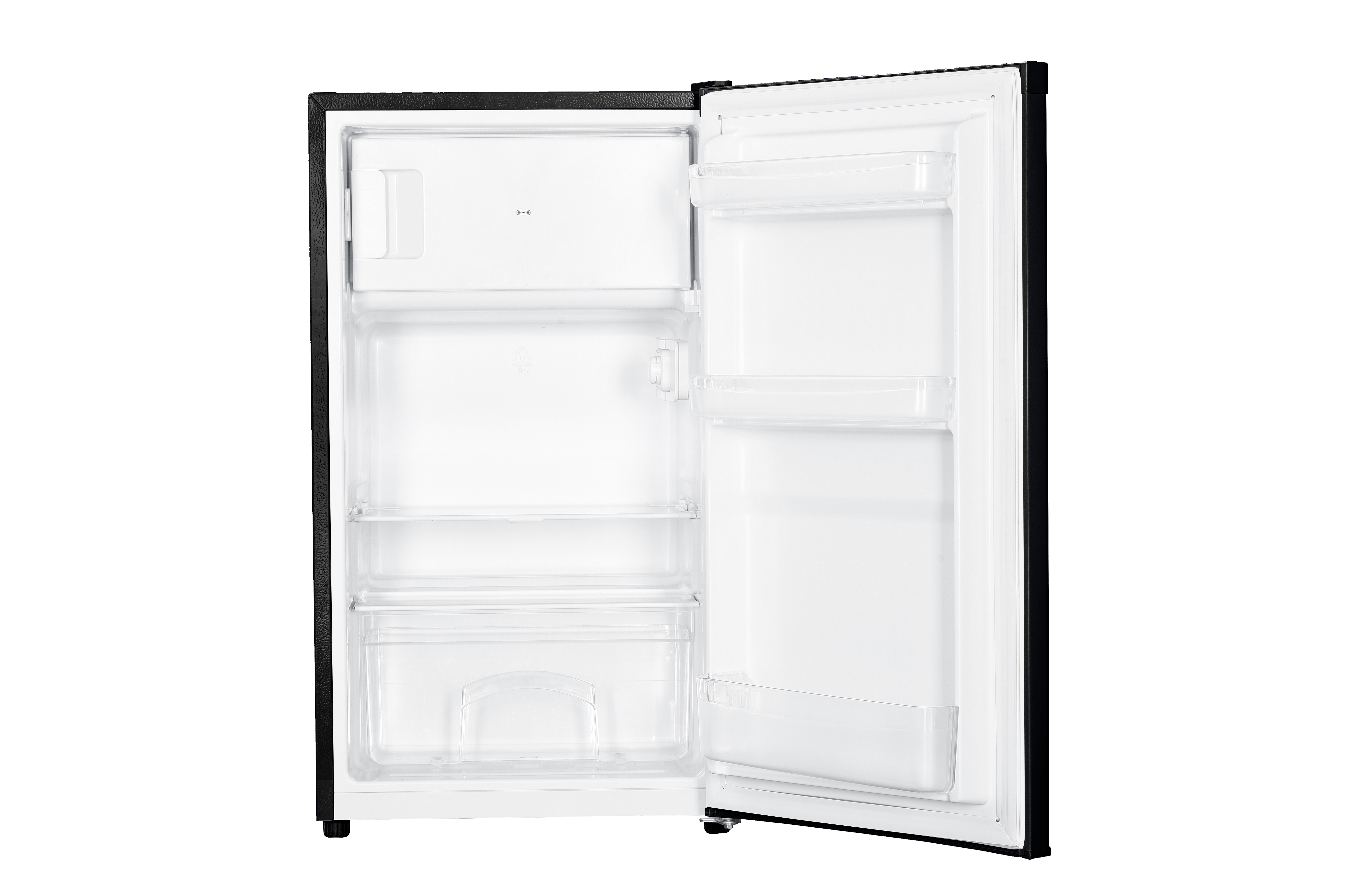 Petit réfrigérateur noir avec porte ouverte, montrant des étagères. Intérieur blanc, fond blanc.