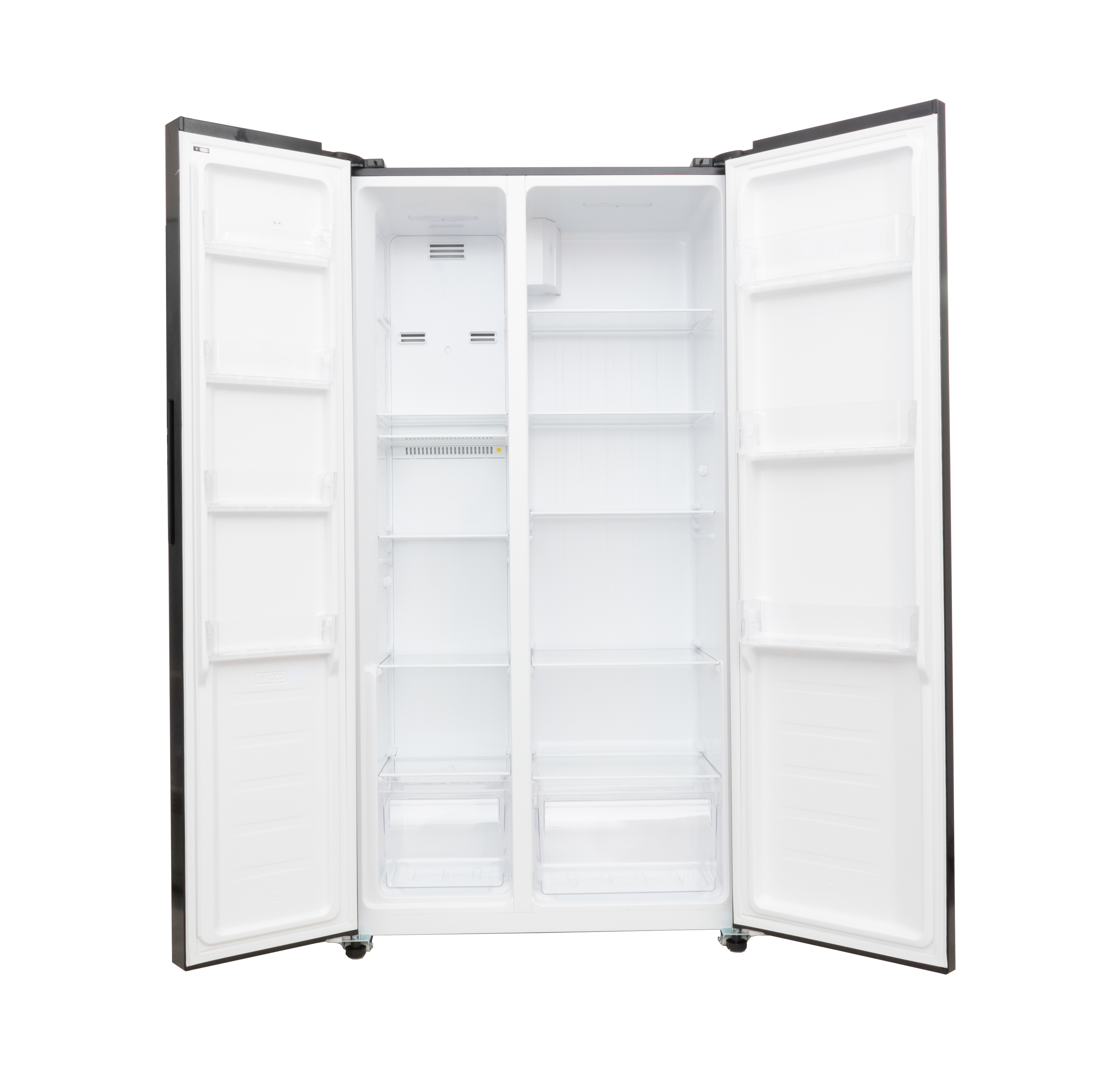 Opened white refrigerator with shelves and drawers, isolated on white.