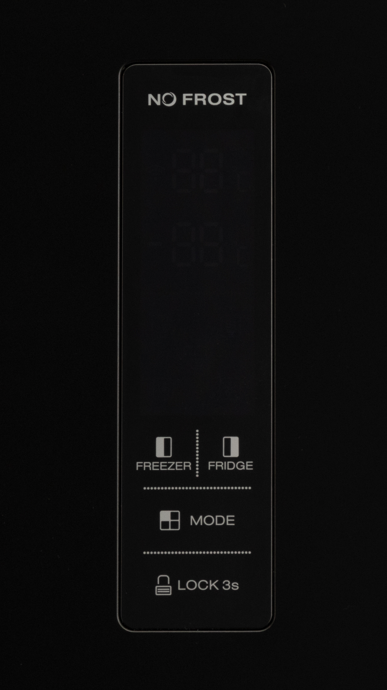 Close up on a black refrigerator control panel with a No Frost label and digital display.