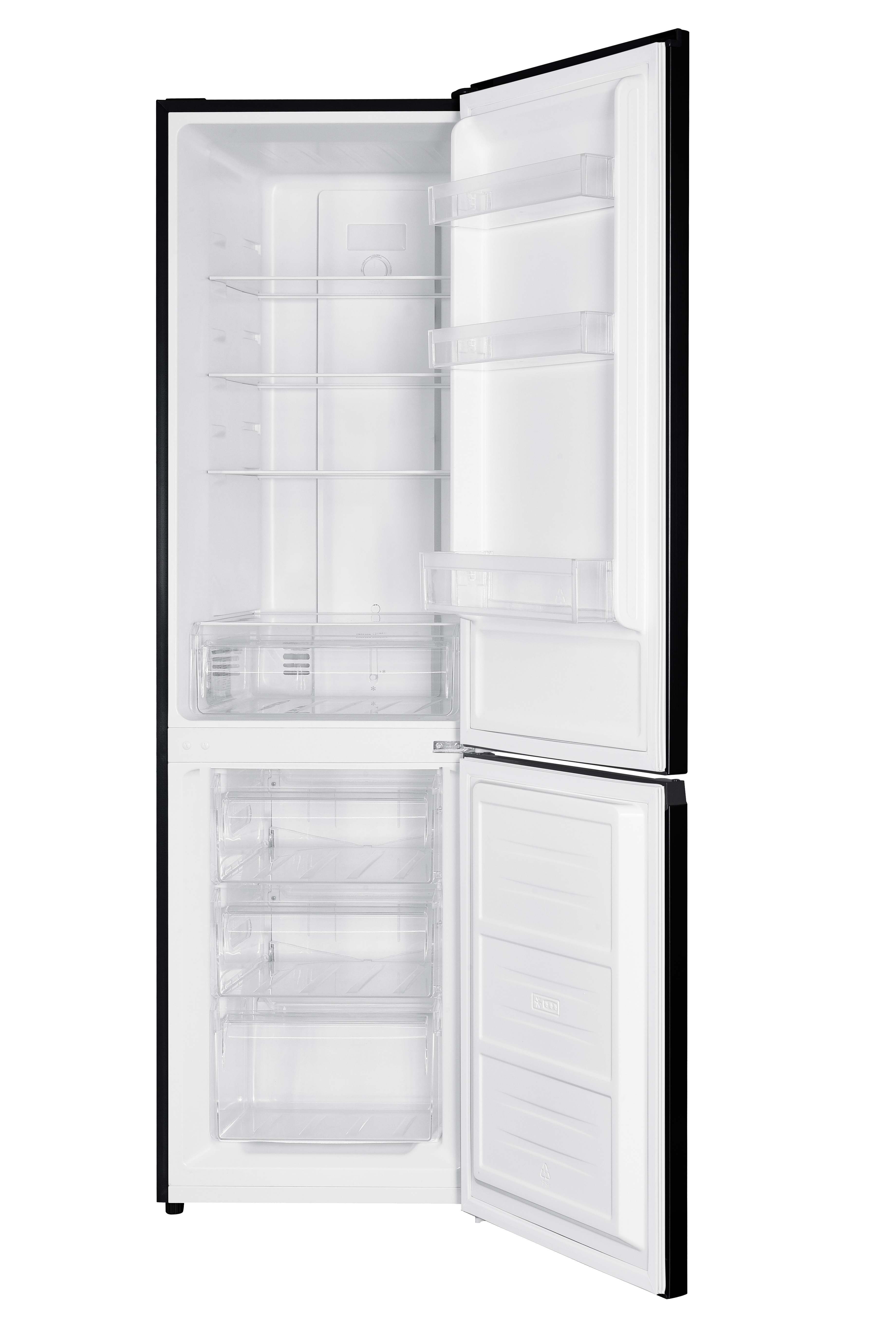 Réfrigérateur ouvert avec cadre noir. Intérieur : étagères, tiroirs et rangement transparent.