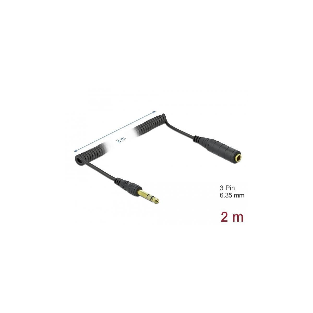 Schwarzes 2m Audiokabel mit 3-poligem 6,35mm Klinkenstecker und Buchse, auf weißem Hintergrund.