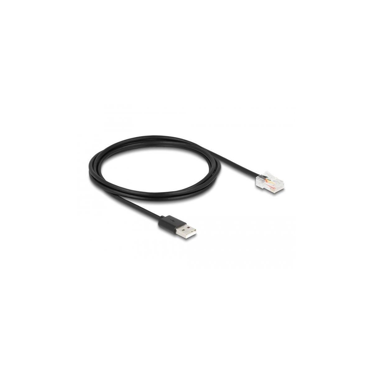 Cavo da USB a RJ11 nero, arrotolato su sfondo bianco.