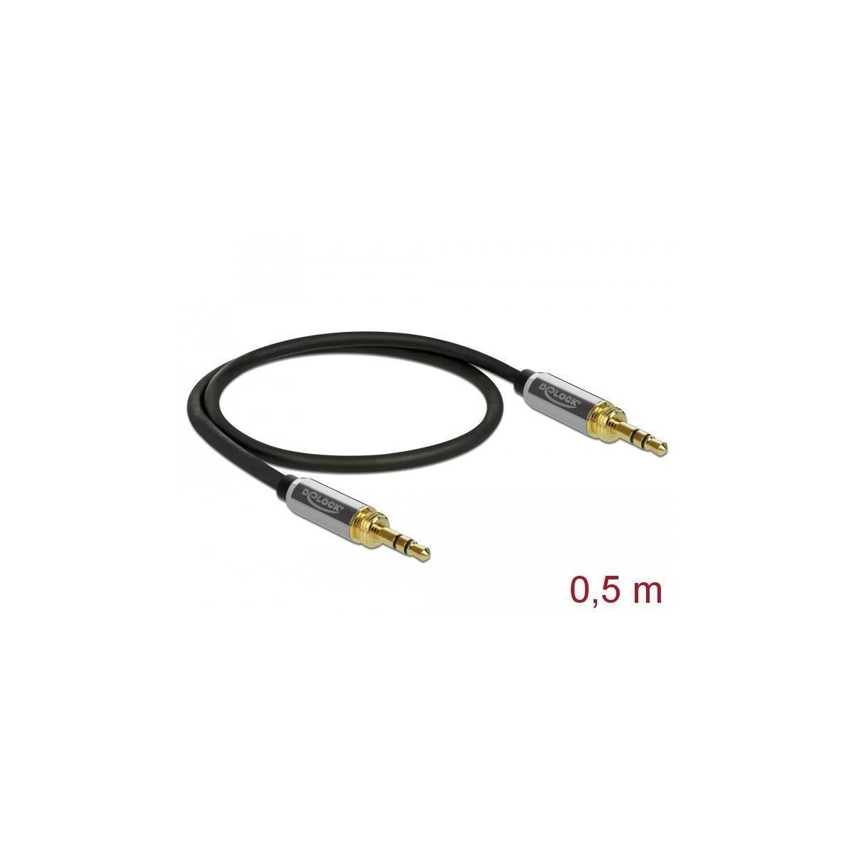 Schwarzes Audiokabel mit zwei goldfarbenen Steckern. Unten steht '0,5 m'.