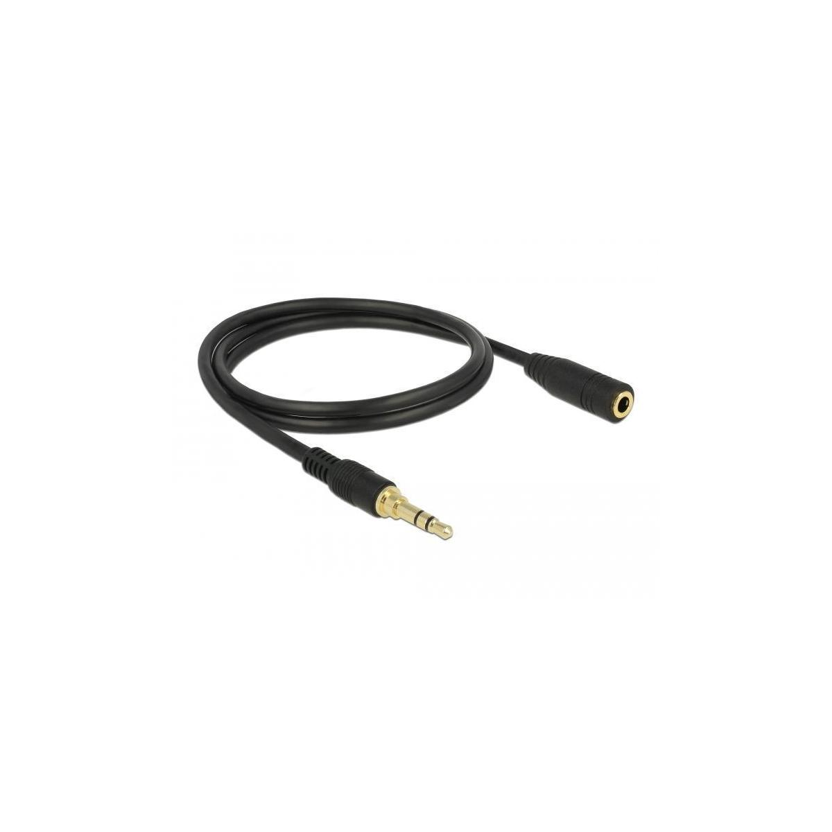 Cavo audio nero con jack da 3,5 mm e connettore femmina. Sfondo bianco.