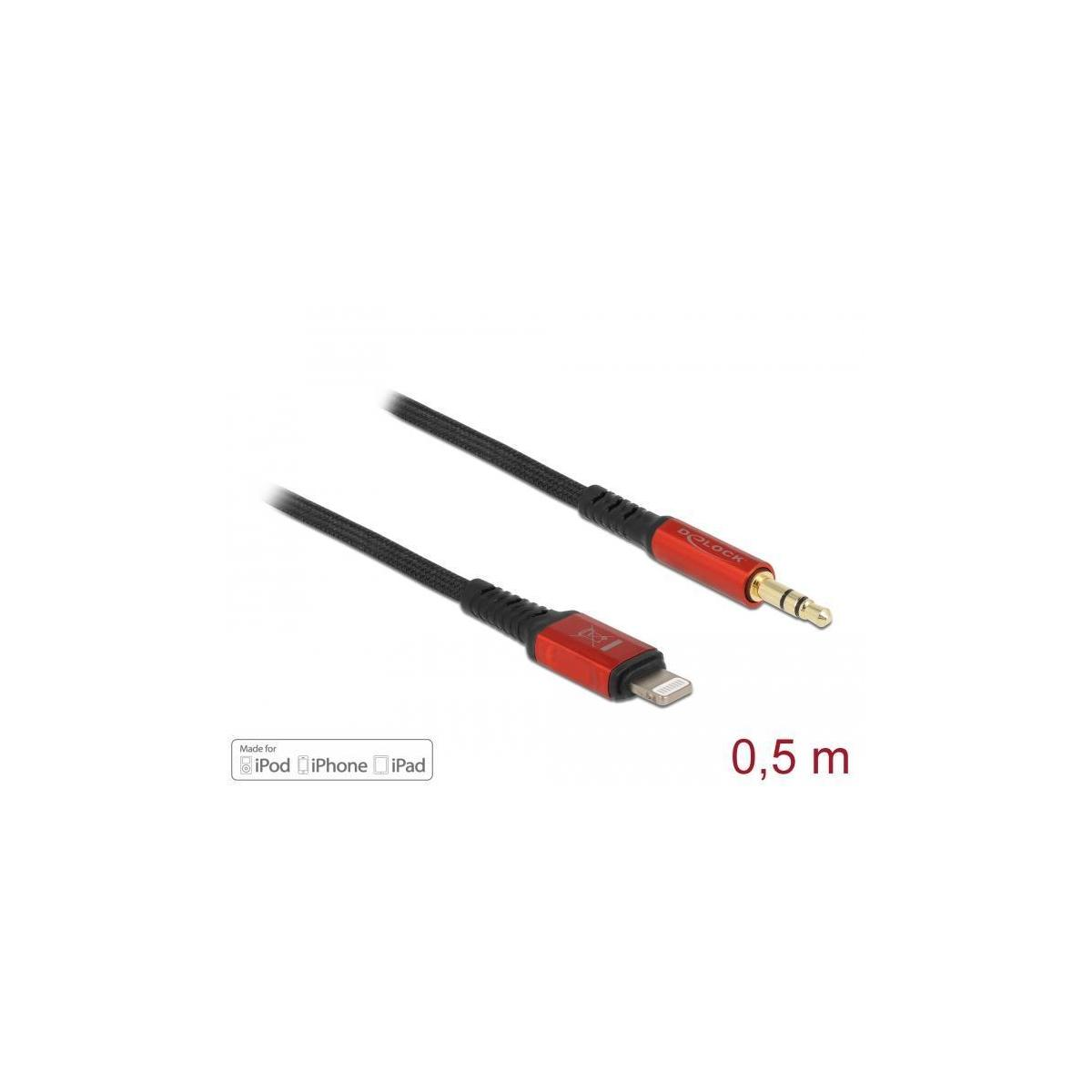 Schwarzes Audiokabel mit Lightning- und 3,5-mm-Anschlüssen, mit 0,5 m Etikett.