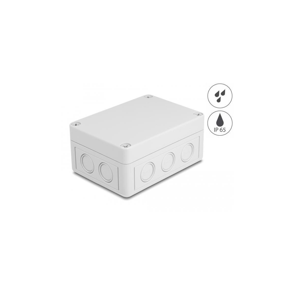 Weißer rechteckiger Kasten mit abgerundeten Ecken. IP65 und Wassertropfen-Symbole.