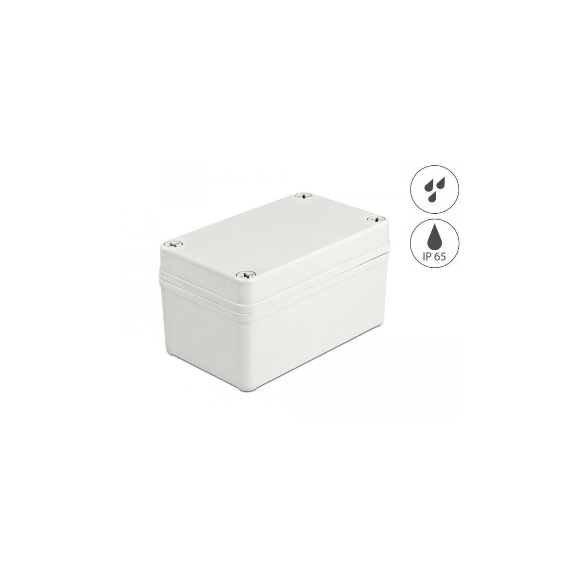 Ein weißes, rechteckiges, IP65-zertifiziertes Elektrogehäuse mit vier Schrauben auf weißem Hintergrund.