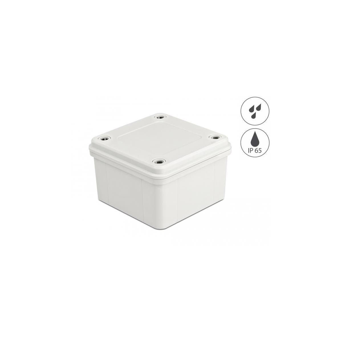 Eine weiße, quadratische Box mit IP65-Zertifizierung. Mit Deckel und Löchern in den Ecken.