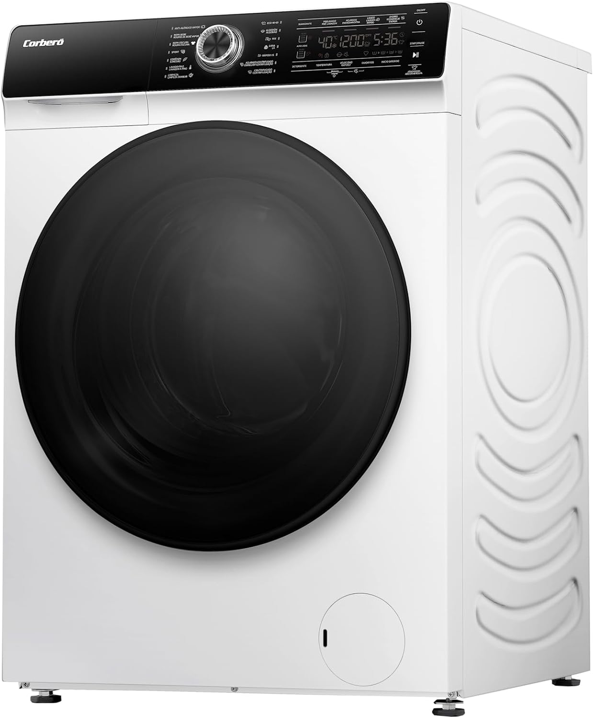 Lavadora blanca con puerta negra y panel de control. El diseño es moderno.