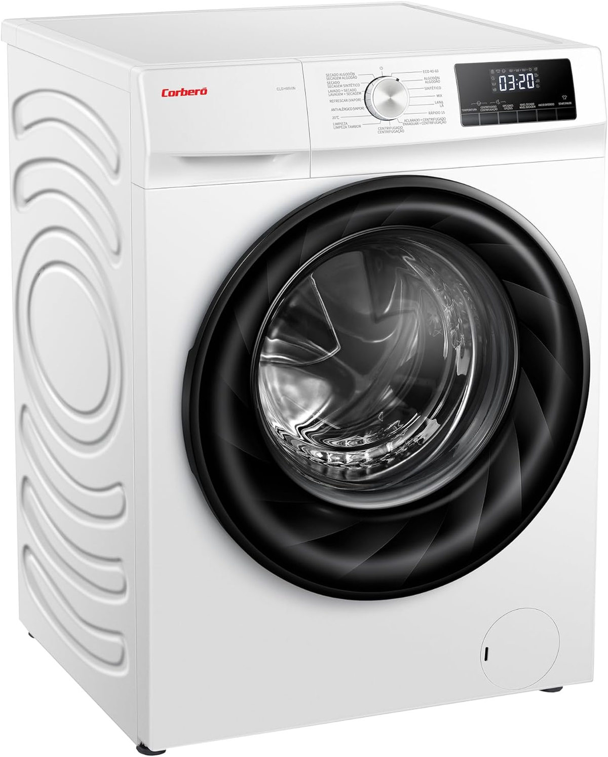 Lavadora Corbero blanca con puerta negra. La pantalla digital muestra la hora.