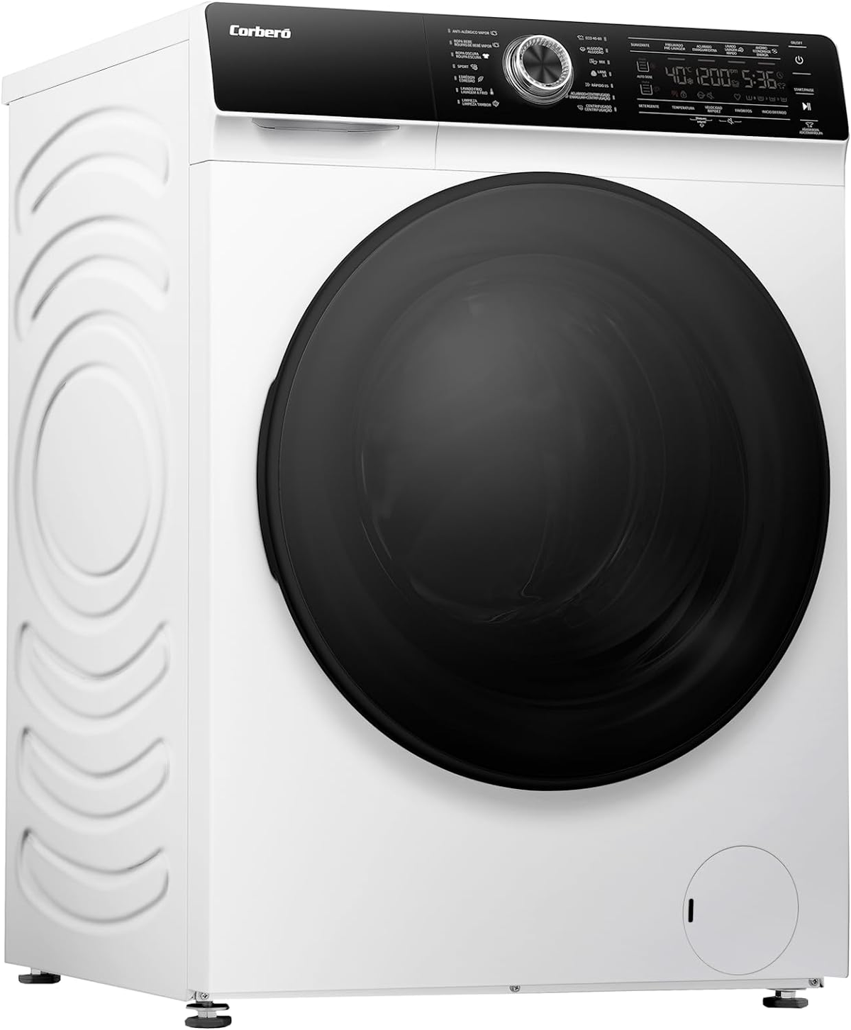 Una lavadora blanca con puerta negra y panel de control. La máquina es limpia y moderna.