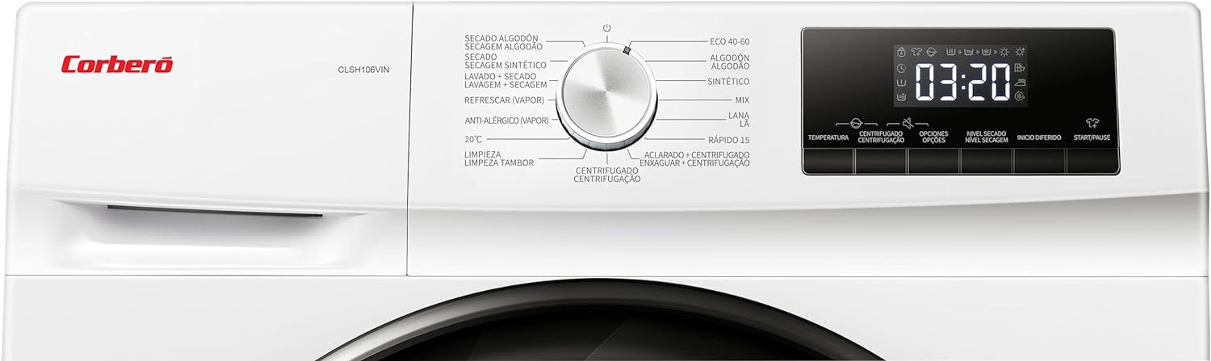 Primer plano del panel de control de una lavadora blanca, con dial, pantalla digital y botones.