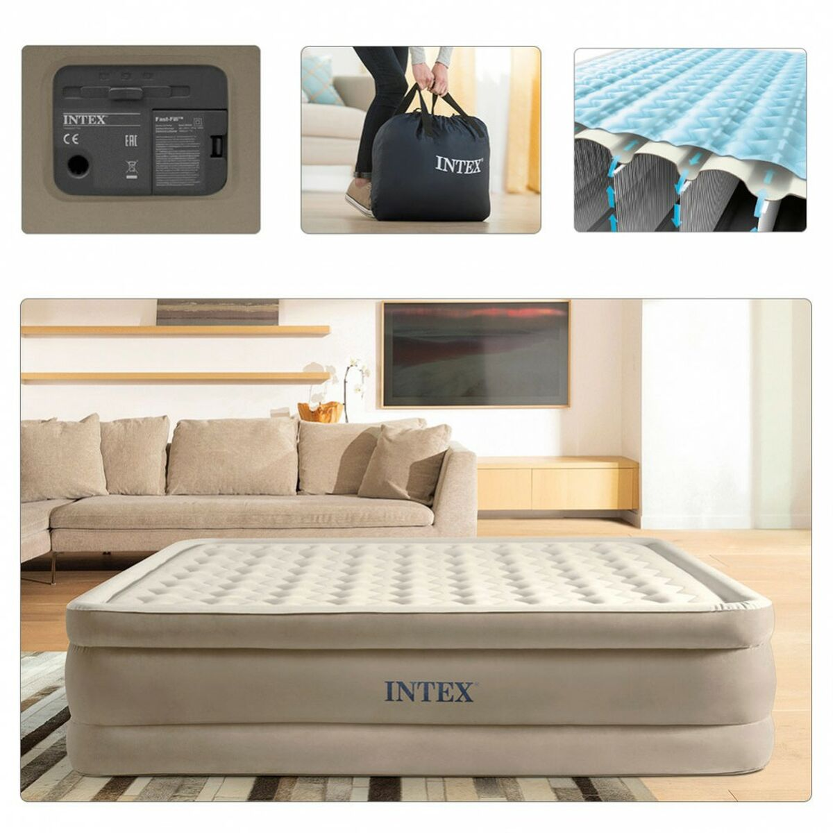 Intex aufblasbare Matratze mit Zubehör und Innenraumaufbau.