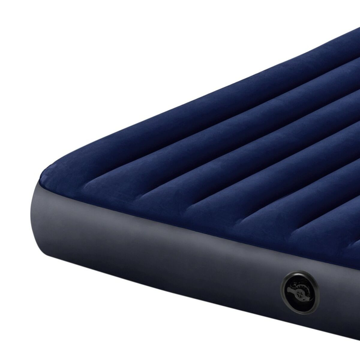 Colchón inflable azul con borde gris. El colchón tiene líneas y una válvula de aire en el lateral.
