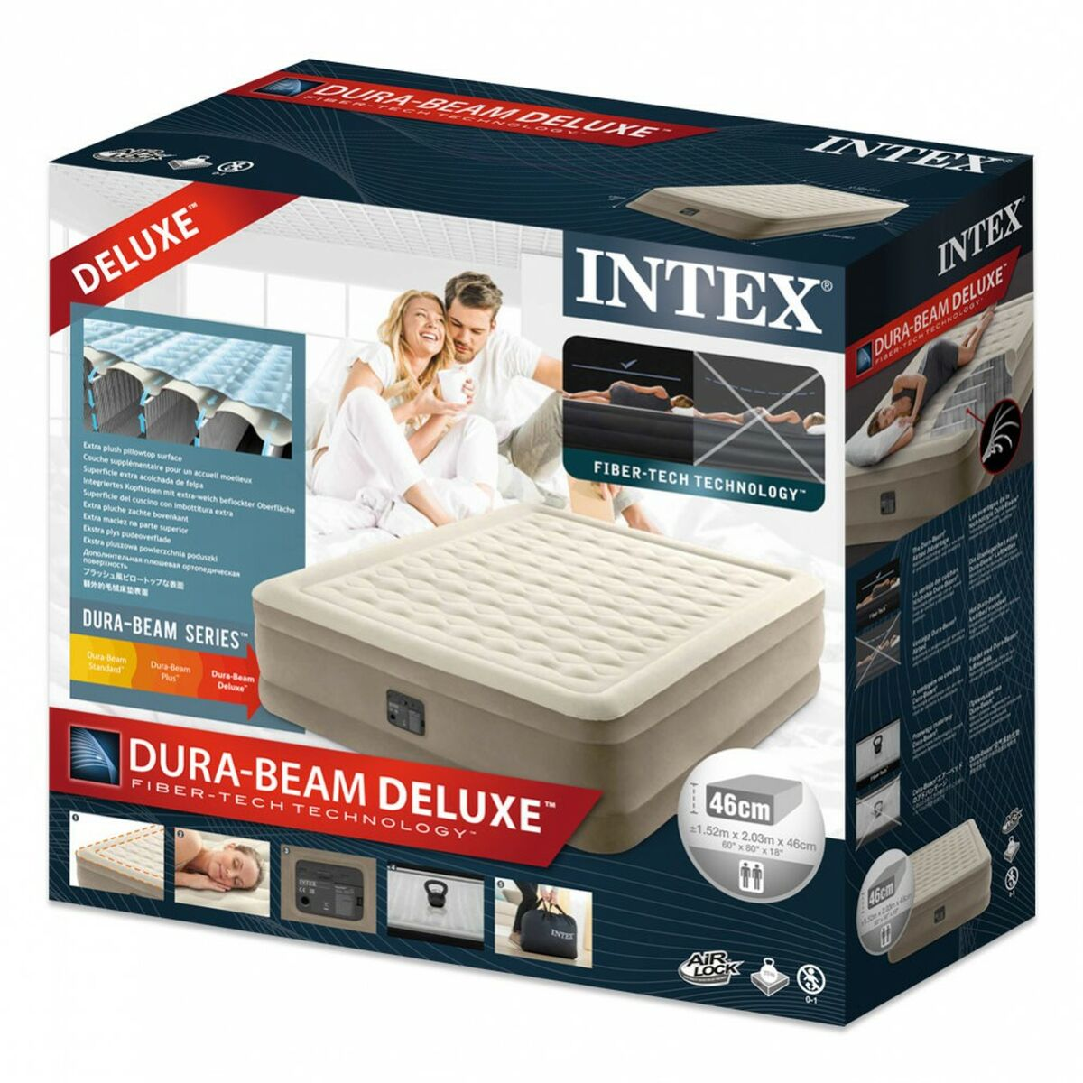 Box einer Luftmatratze, mit Paar auf Luftmatratze und Produktdetails.