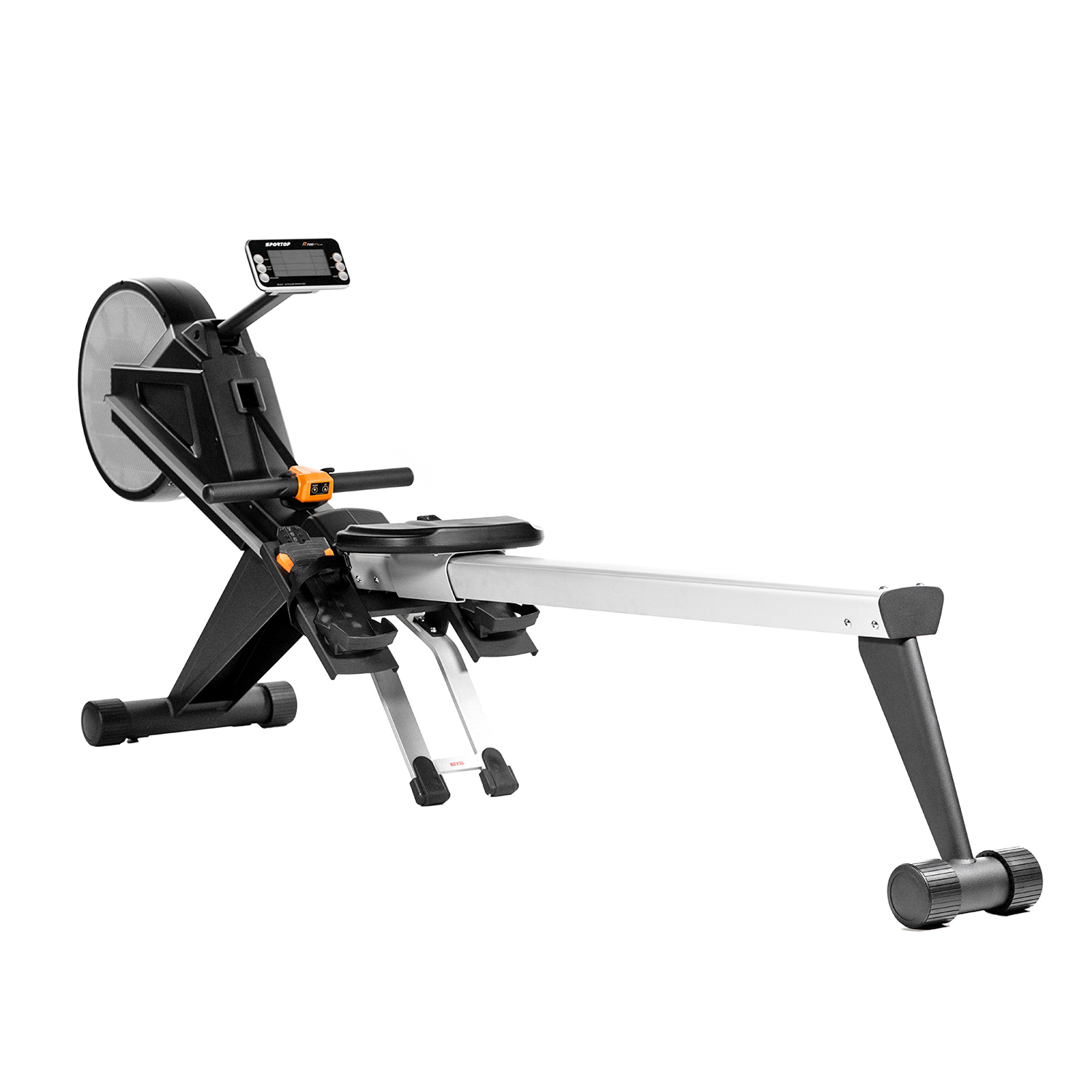 Rudergerät auf weißem Hintergrund. Schwarz und Silber, mit digitaler Anzeige. Für Fitness.