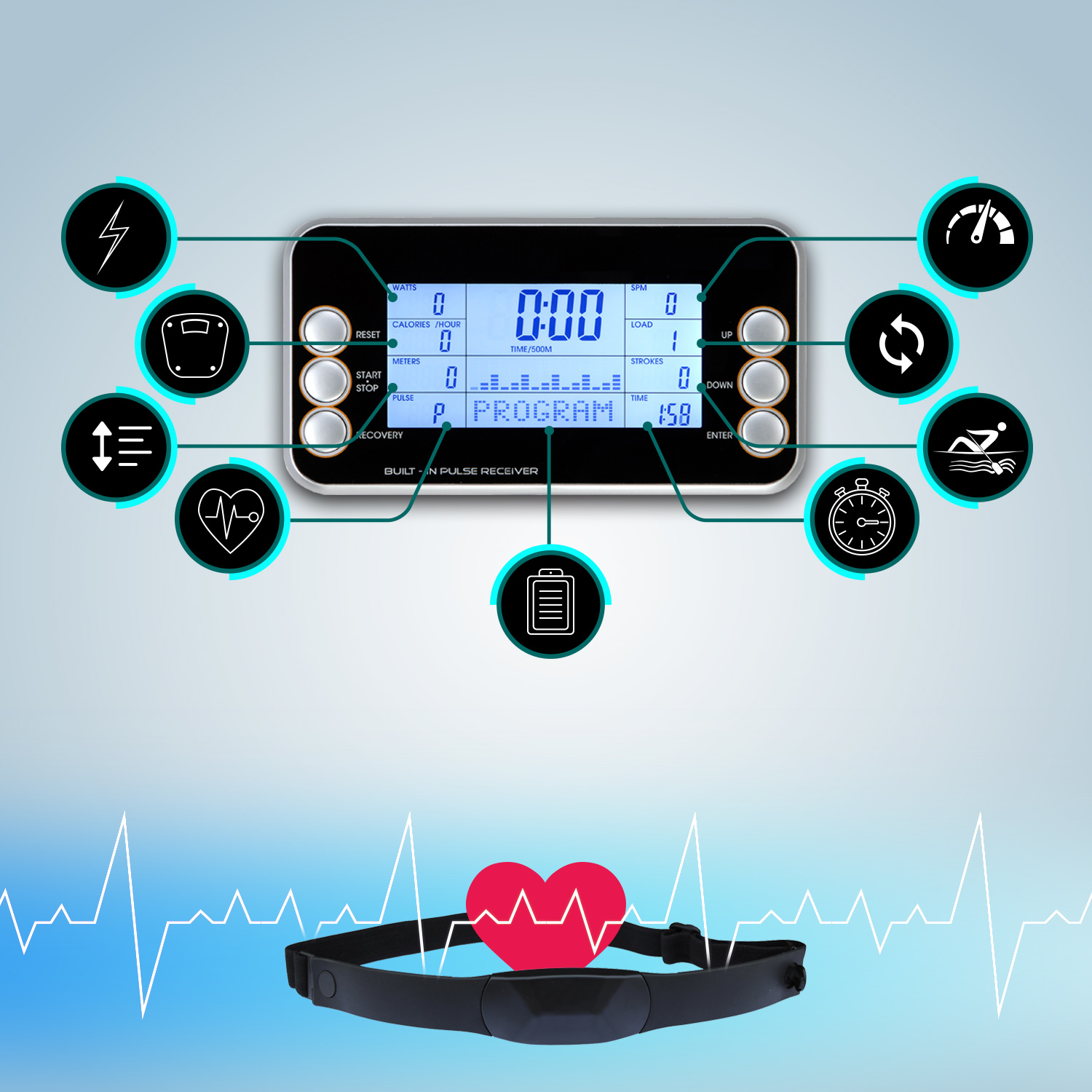 Fitness-Tracker-Anzeige mit Statistiken und Symbolen, mit Herzfrequenzmesser.