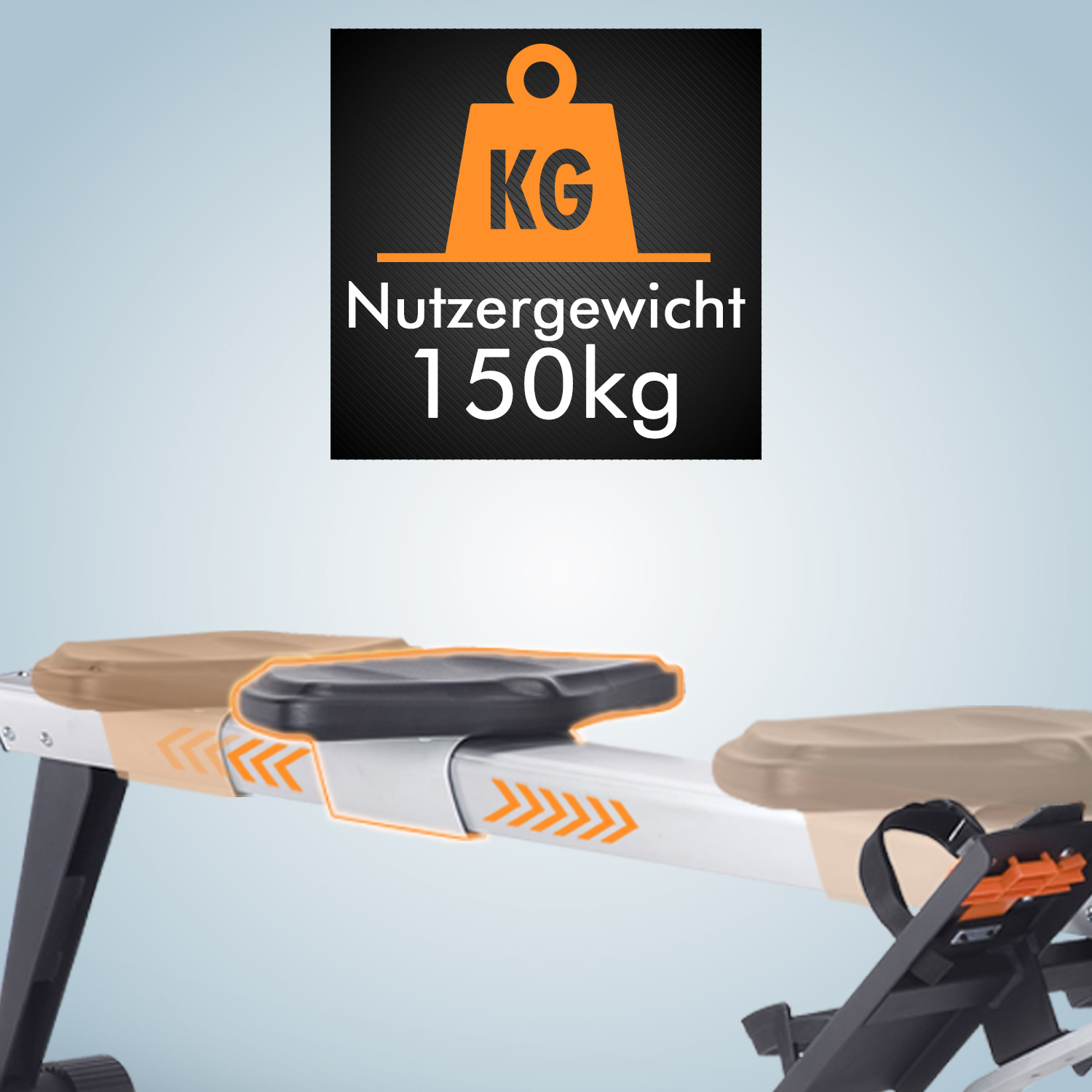 Ein Rudergerät mit orangefarbener Gewichtsanzeige und Text, der das Maximalgewicht von 150 kg angibt.