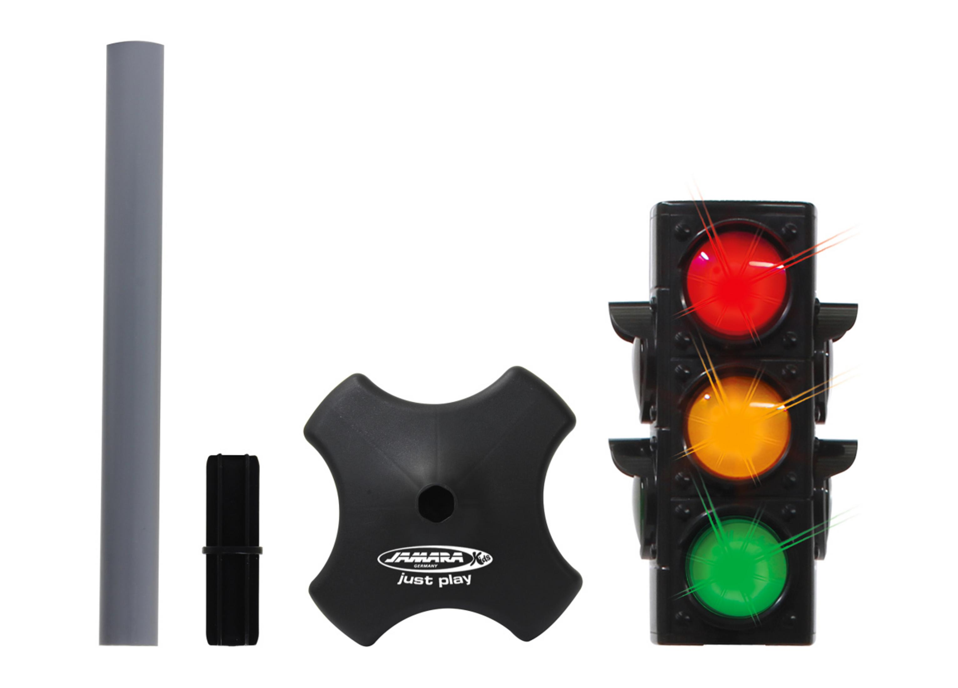 Zabawkowy sygnalizator świetlny z zapalonymi czerwonymi, żółtymi i zielonymi światłami oraz podstawą.