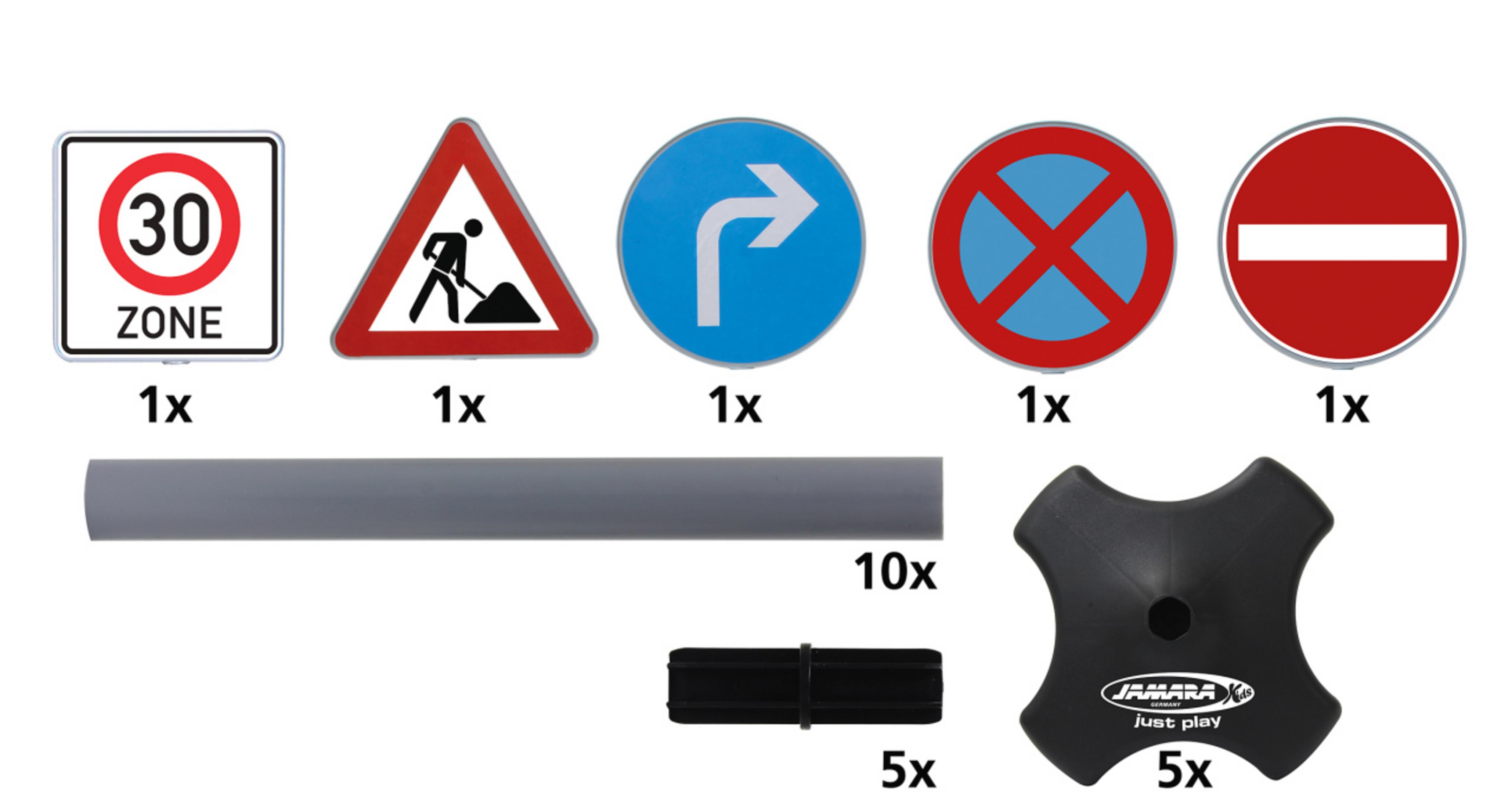 Znaki drogowe, w tym ograniczenie prędkości, roboty drogowe, skręt w prawo, zakaz parkowania i zakaz wjazdu.