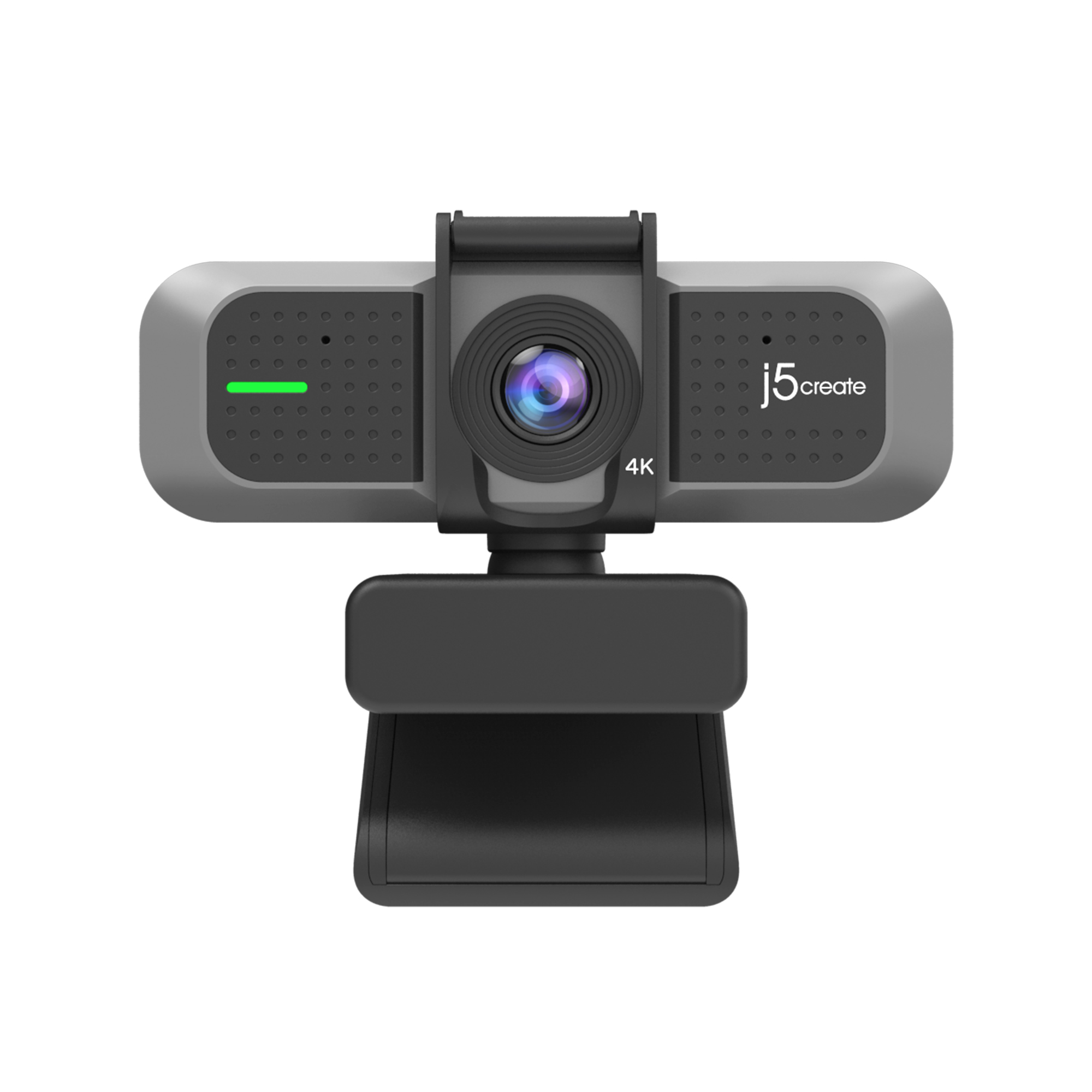 Eine grau-schwarze Webcam mit 4k-Label und grüner Lichtanzeige.