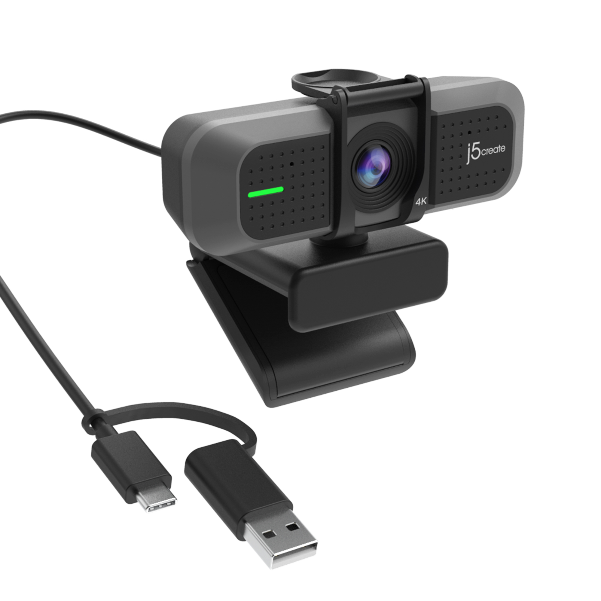 Eine schwarze und graue Webcam mit USB-C-Kabel und USB-Anschluss auf weißem Hintergrund.