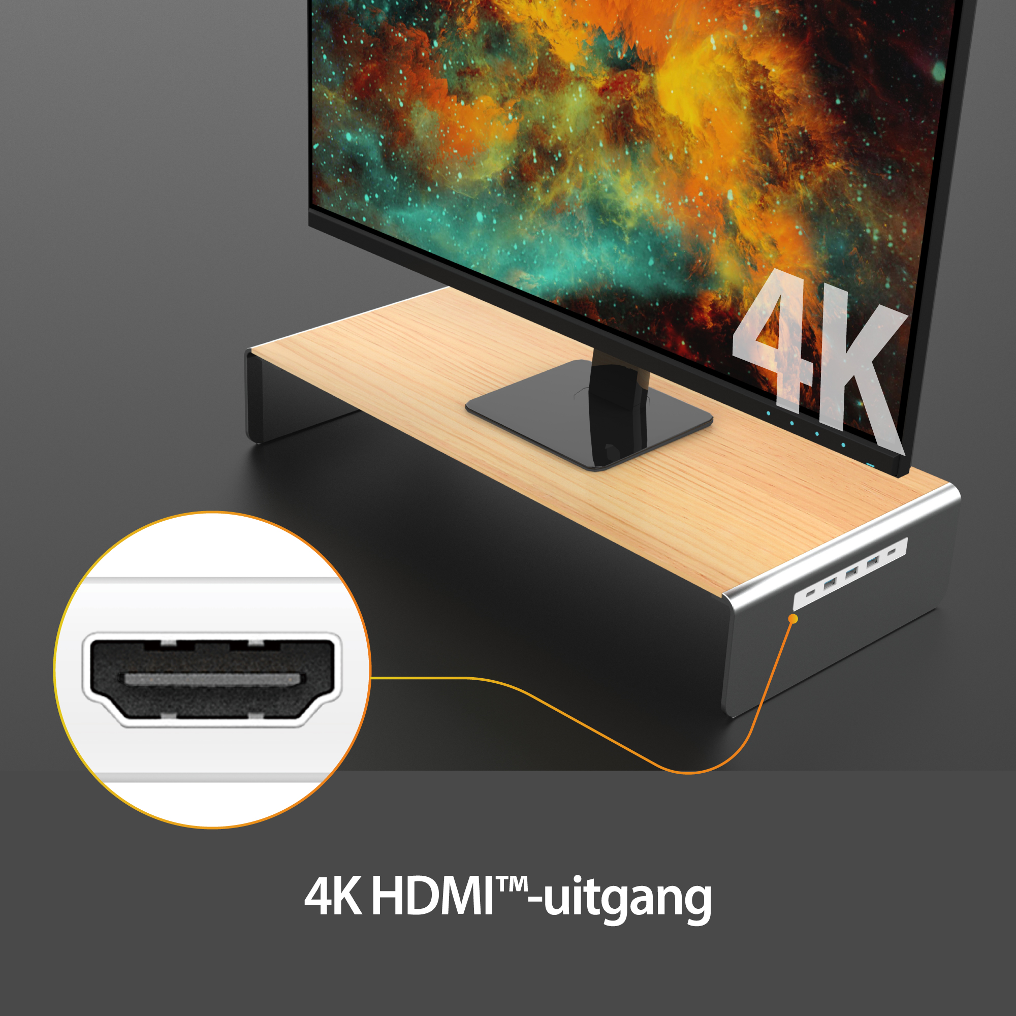 Un moniteur sur un support en bois, avec un gros plan sur un port HDMI et le texte 4K.